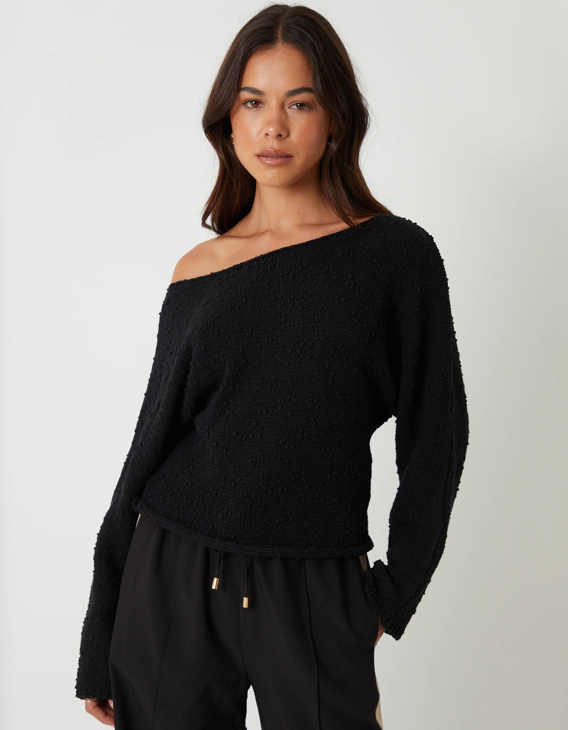 Popcorn Knit Slash Neck Jumper in Black