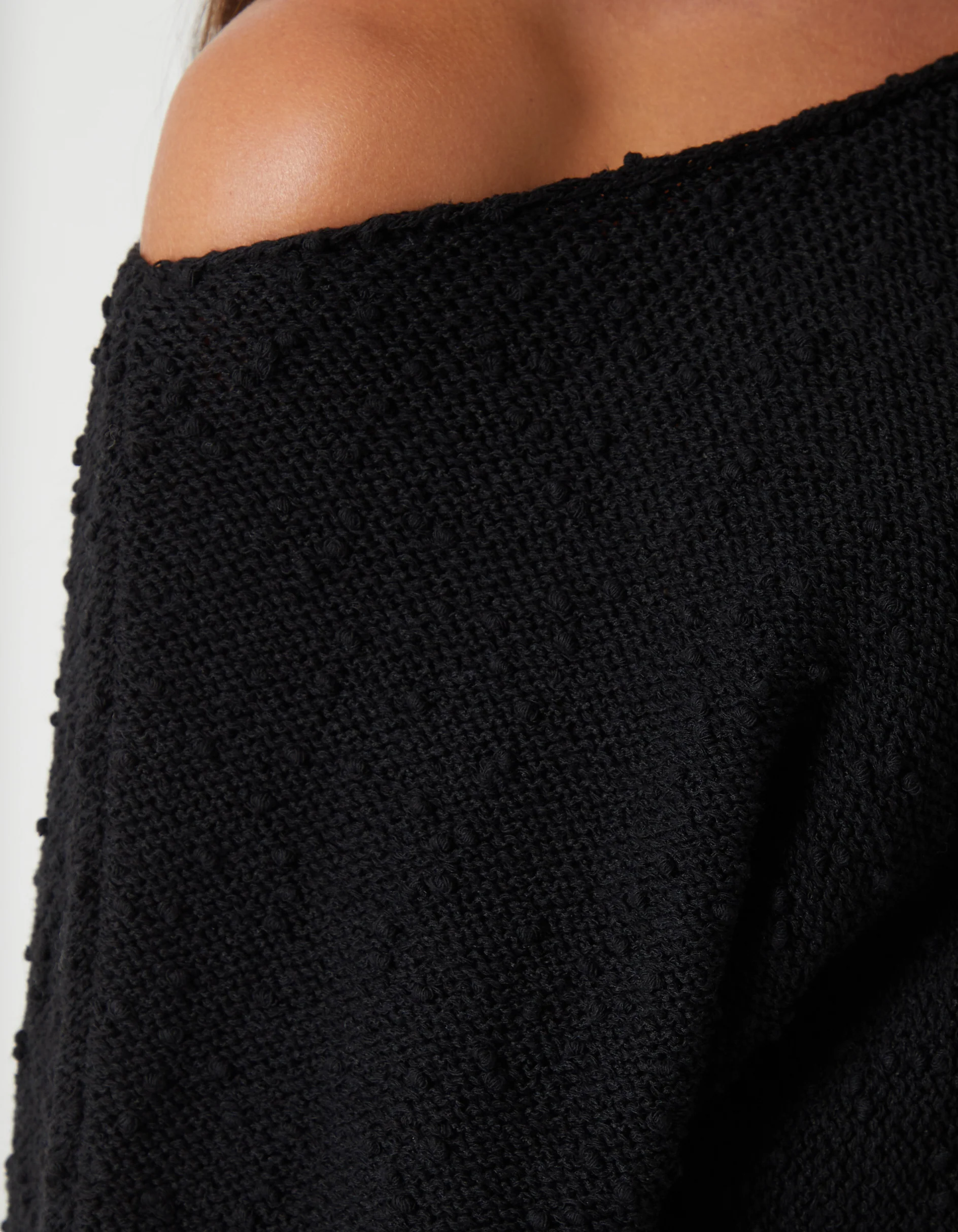 Popcorn Knit Slash Neck Jumper in Black - Image 5