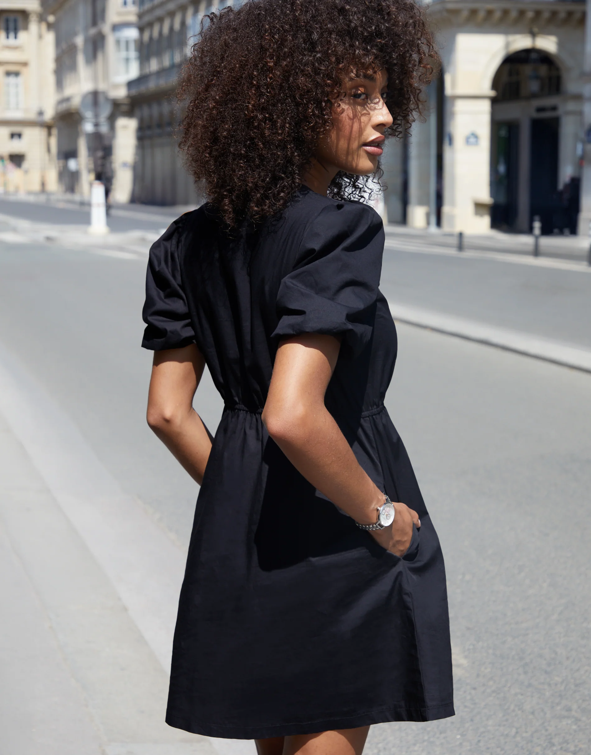 Puff Sleeve Tie Front Smock Mini Dress in Black - Image 2