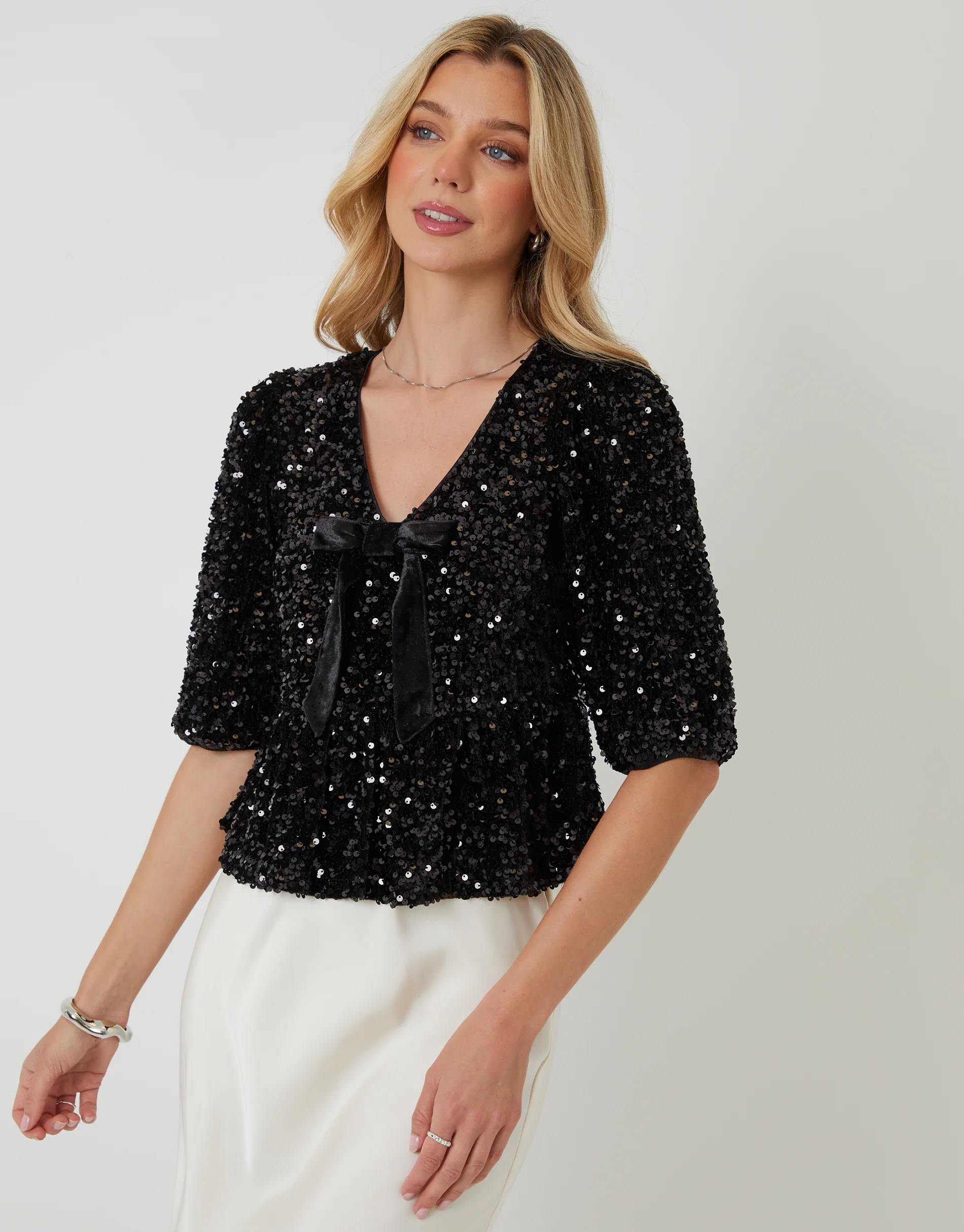 Sequin Velour Bow Detail Blouse in Black - Image 2