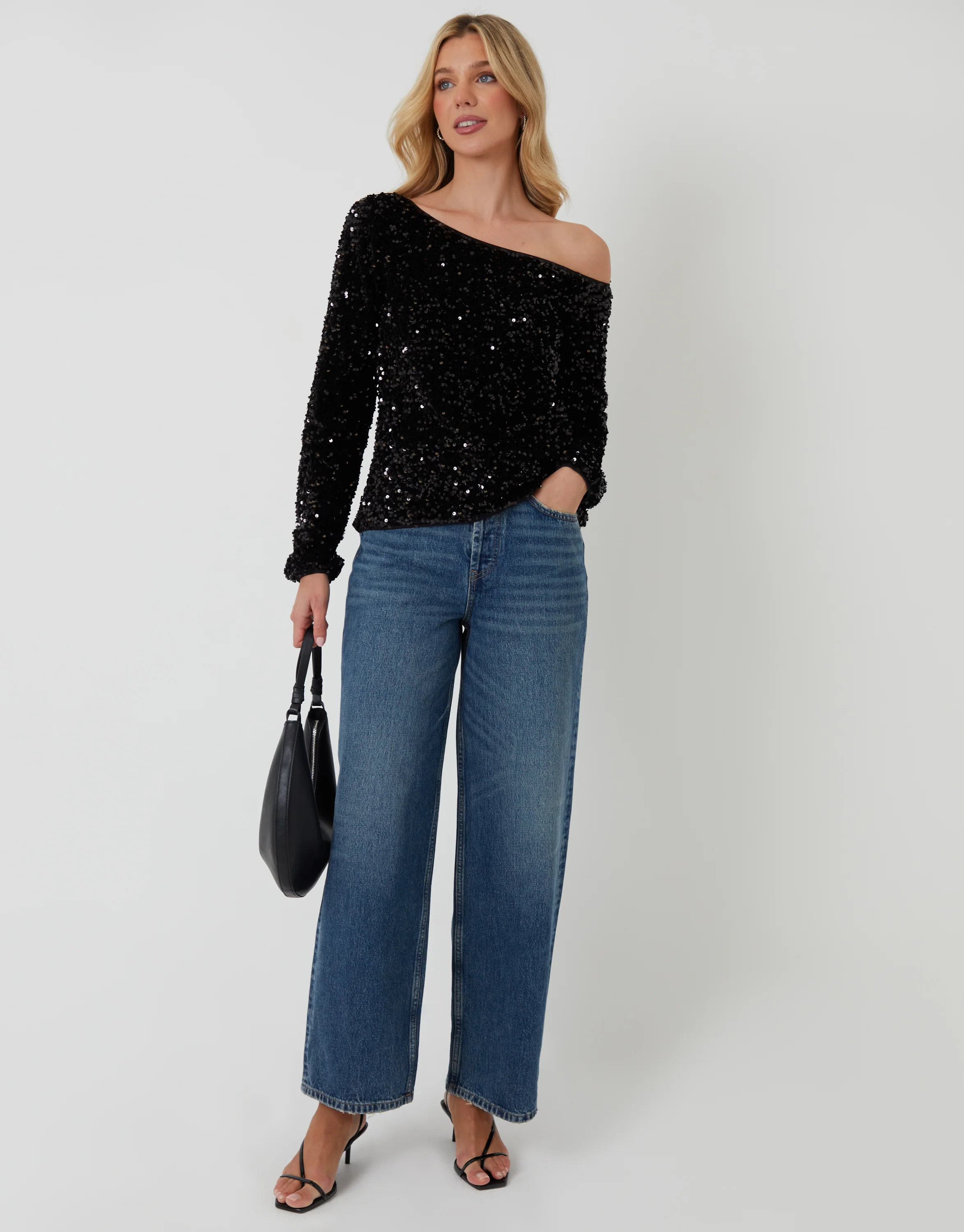 Sequin Velour Long Sleeve Slash Neck Top in Black - Image 4