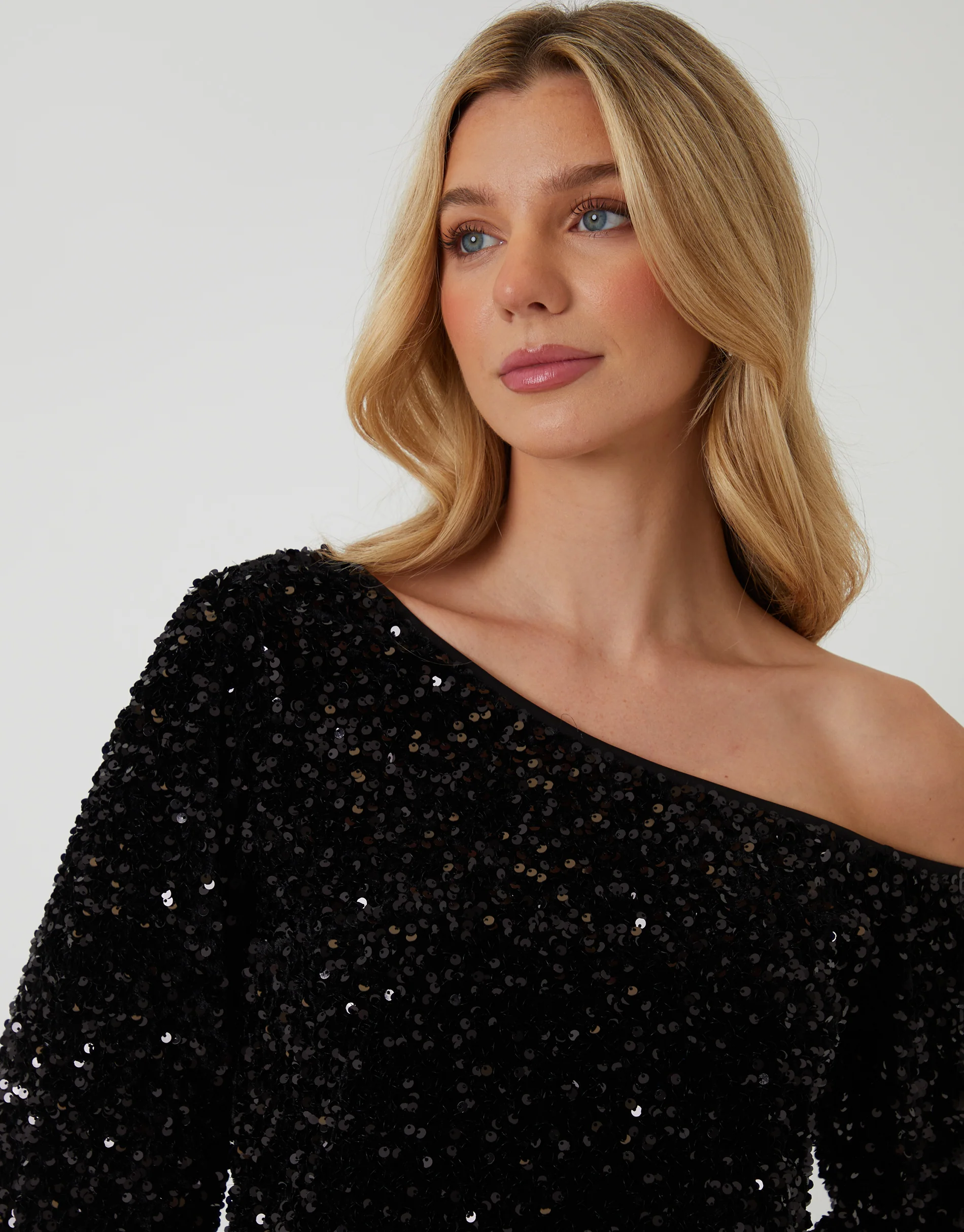 Sequin Velour Slash Neck Top in Black - Image 4