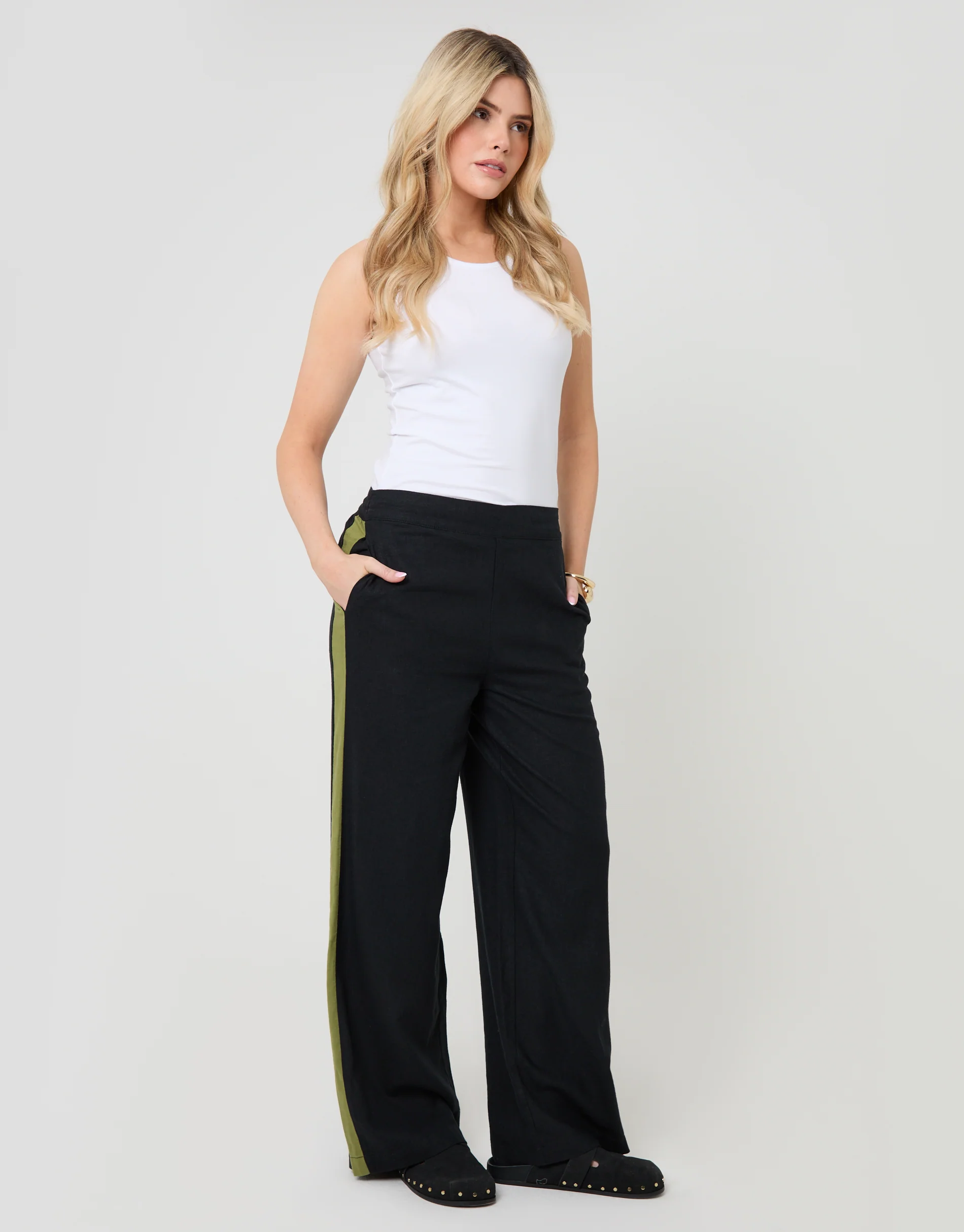 Wide Leg Side Stripe Linen Blend Trousers in Black