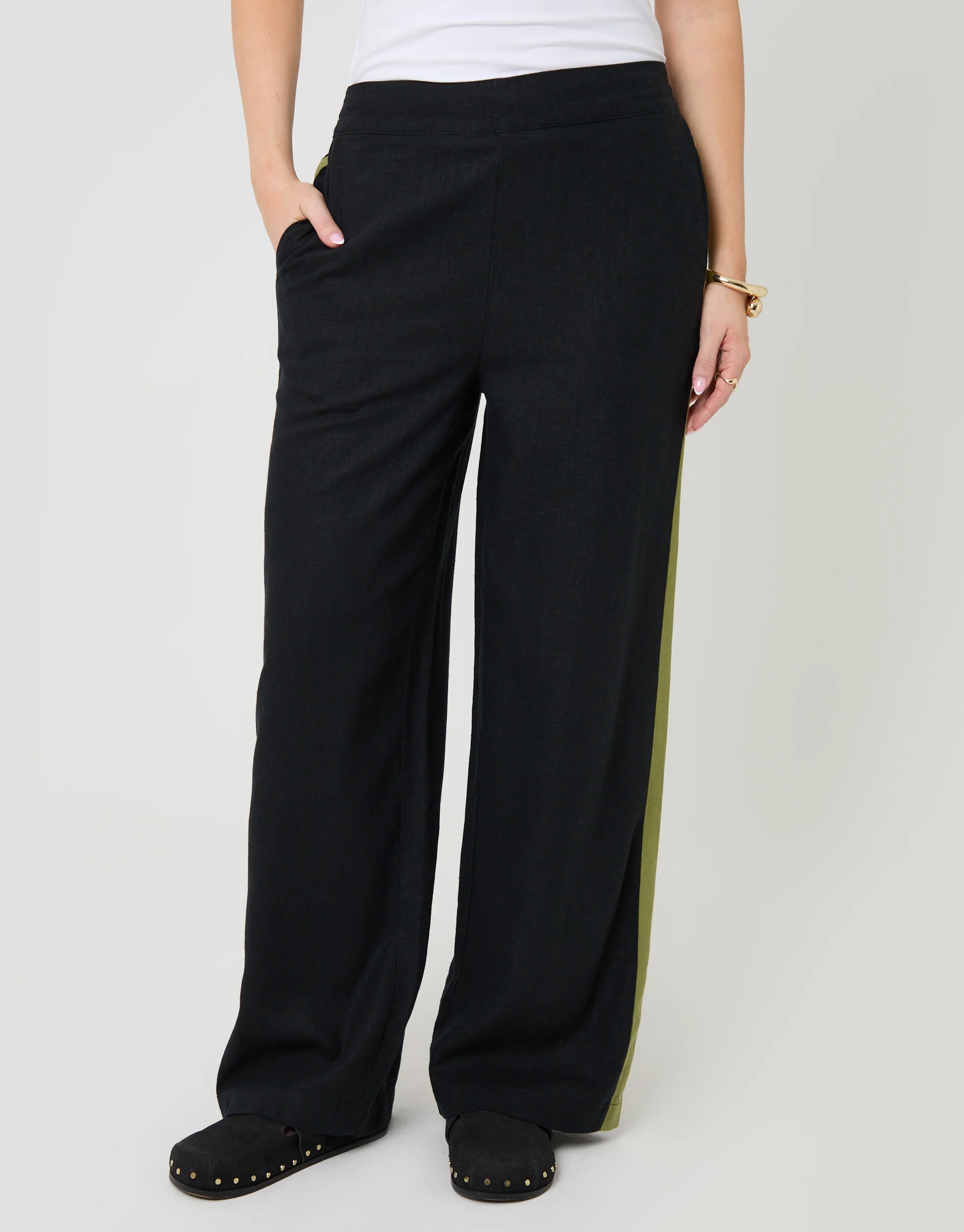 Wide Leg Side Stripe Linen Blend Trousers in Black - Image 2