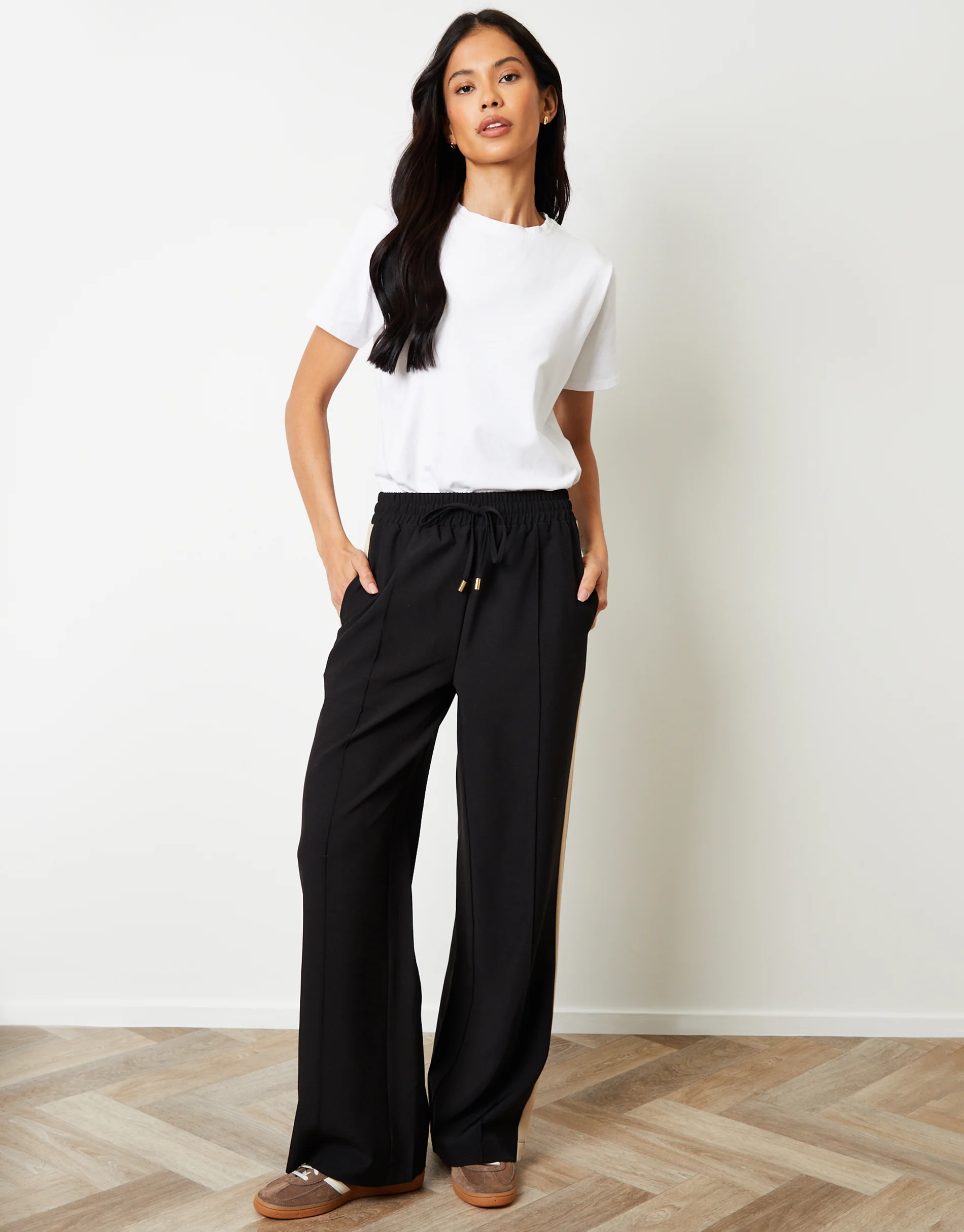 Wide Leg Side Stripe Pull On Trousers in Black - Image 2