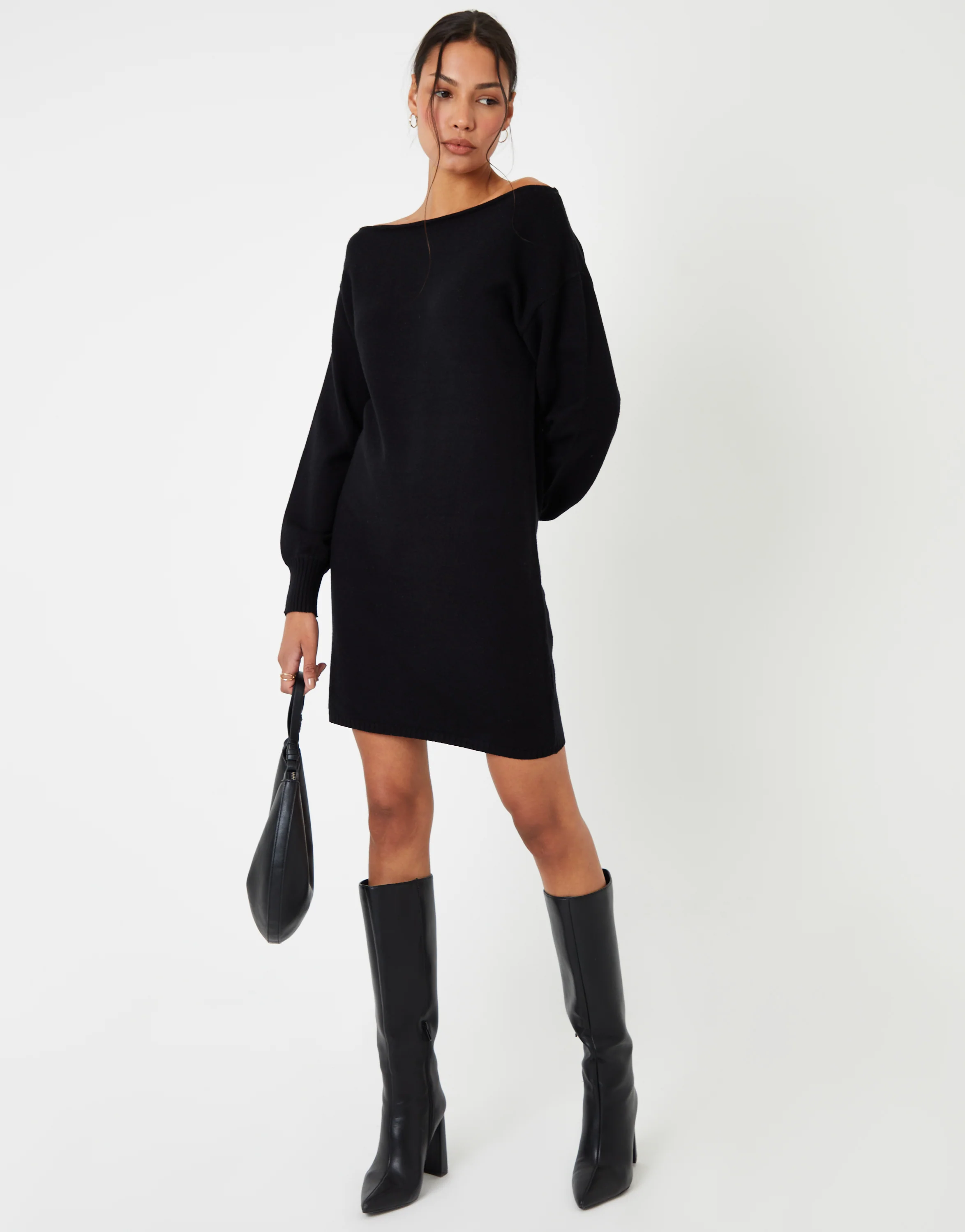 Slash Neck Knitted Mini Dress in Black - Image 6