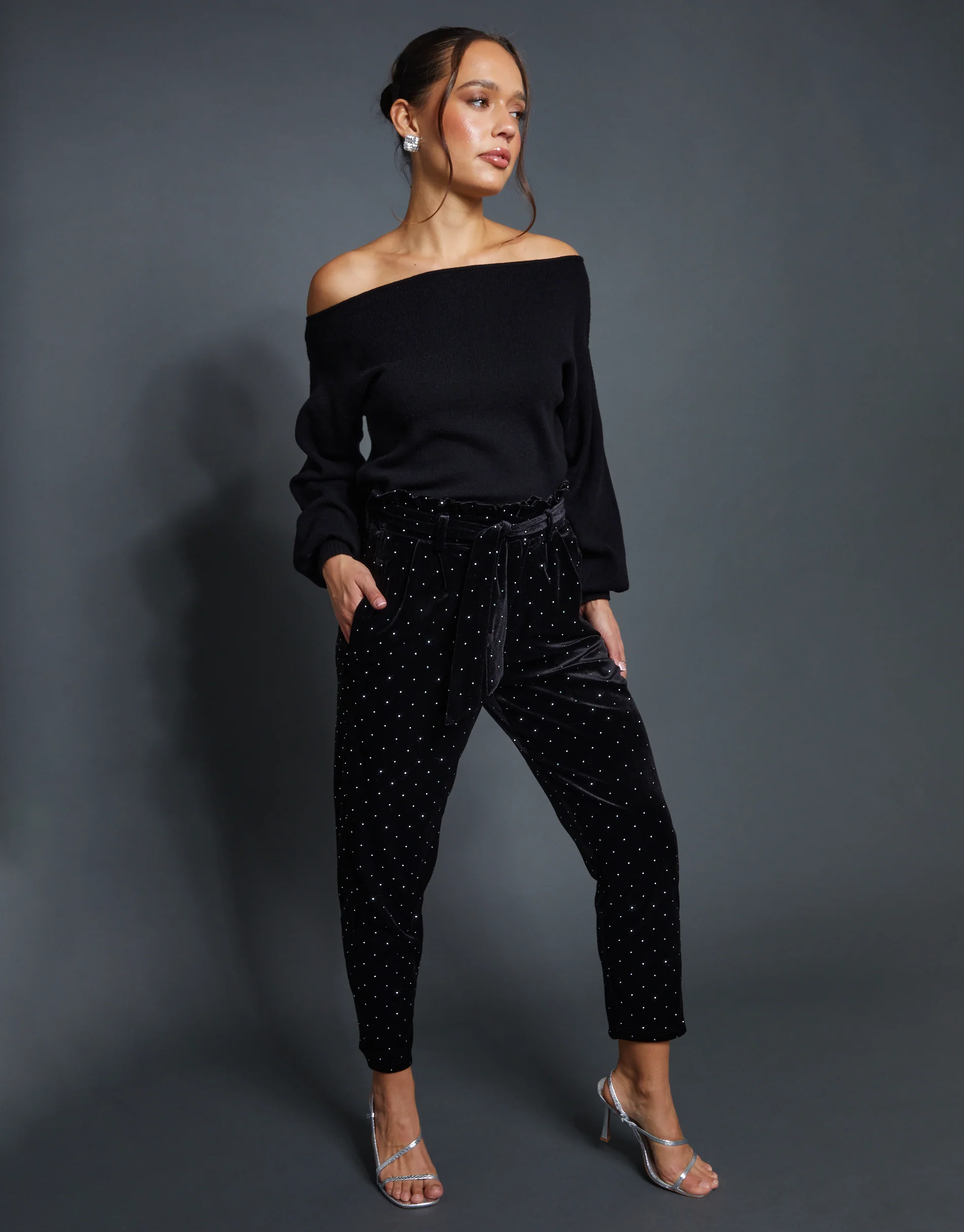 Velvet Hotfix Paperbag Waist Trousers in Black