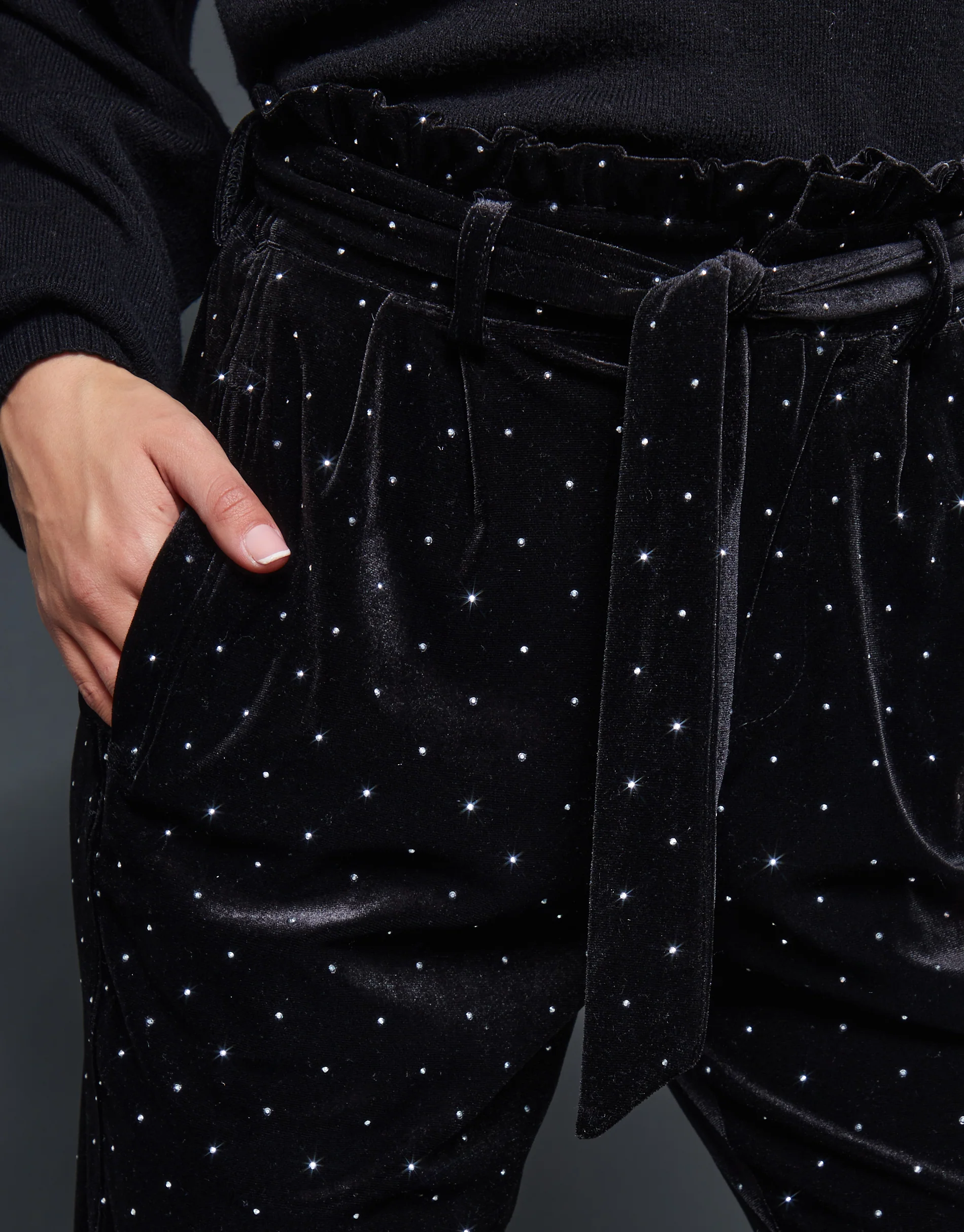 Velvet Hotfix Paperbag Waist Trousers in Black - Image 2
