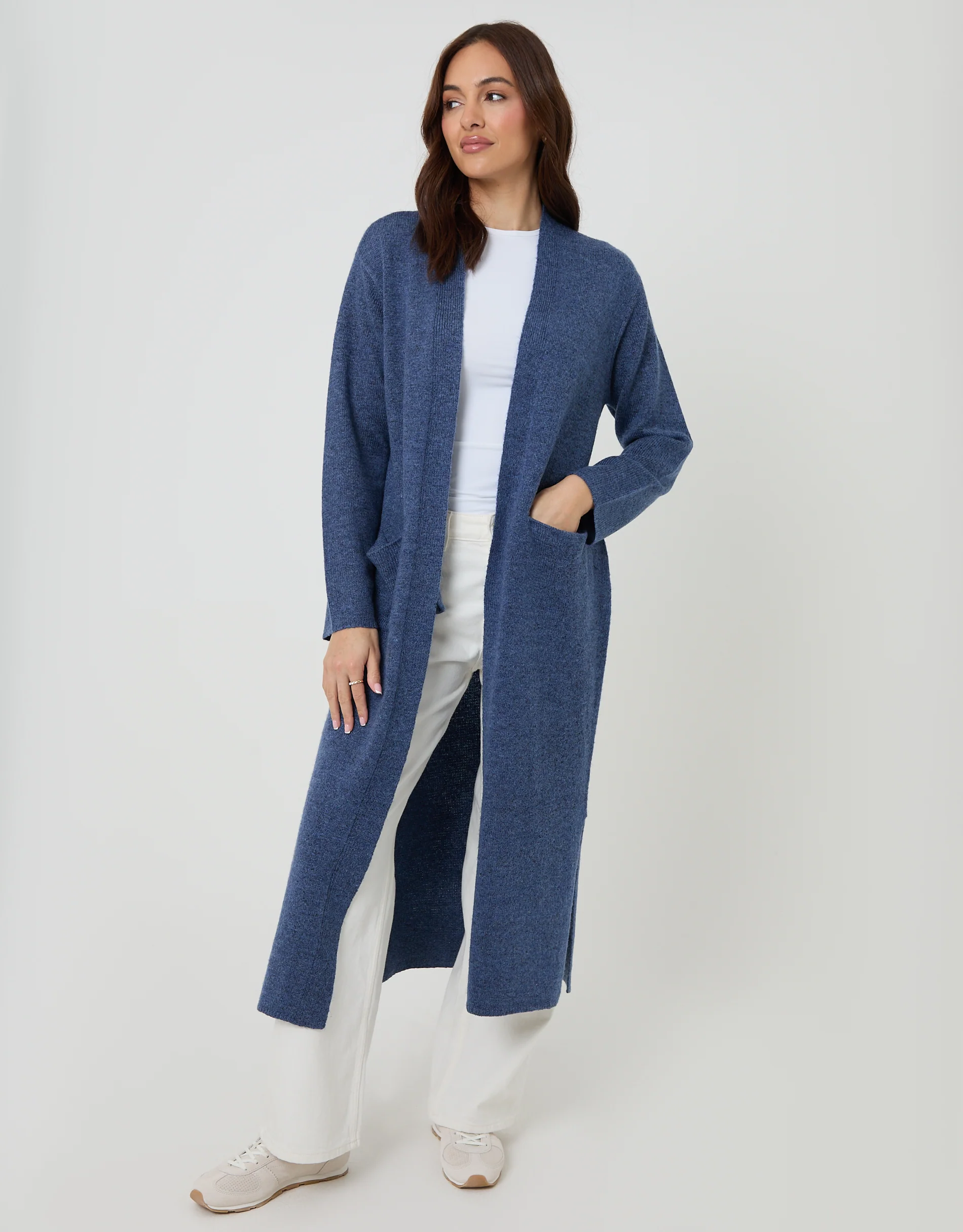 Dropped Shoulder Knitted Coatigan in Blue
