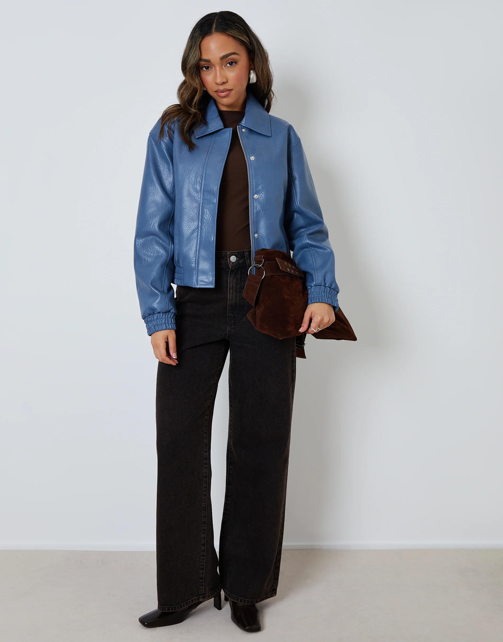 Faux Leather Bomber Jacket with Collar in Blue - Image 2