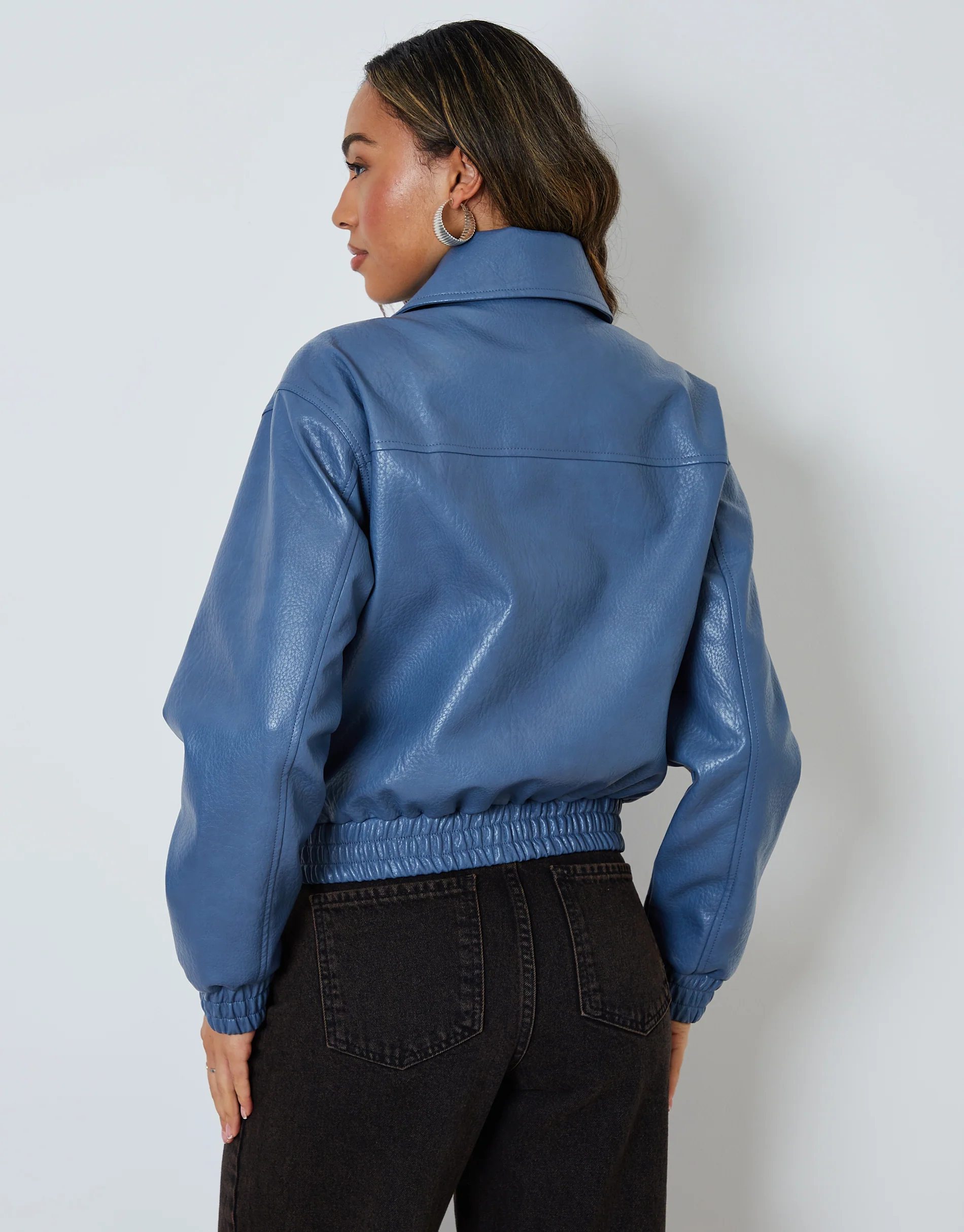 Faux Leather Bomber Jacket with Collar in Blue - Image 3