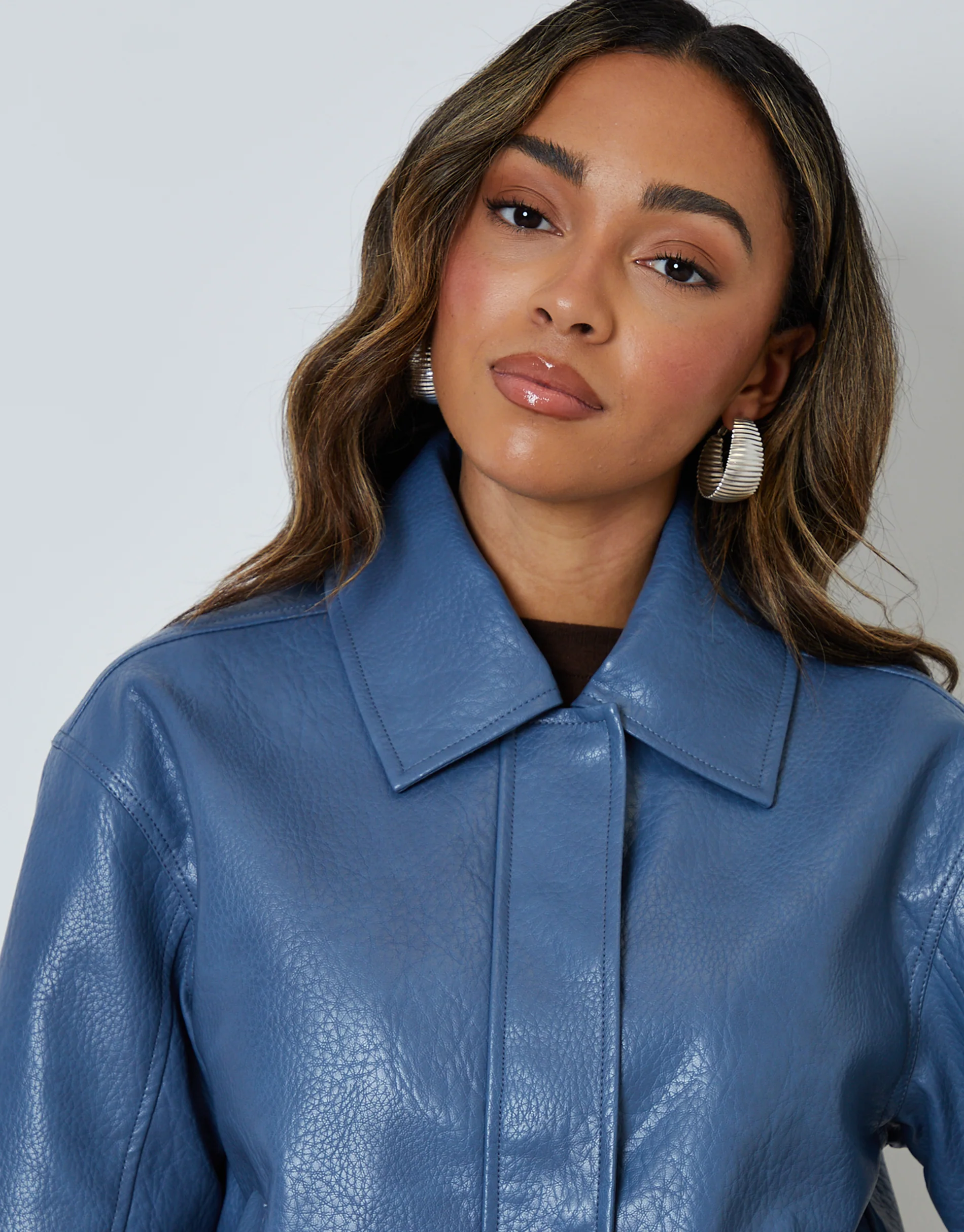 Faux Leather Bomber Jacket with Collar in Blue - Image 4