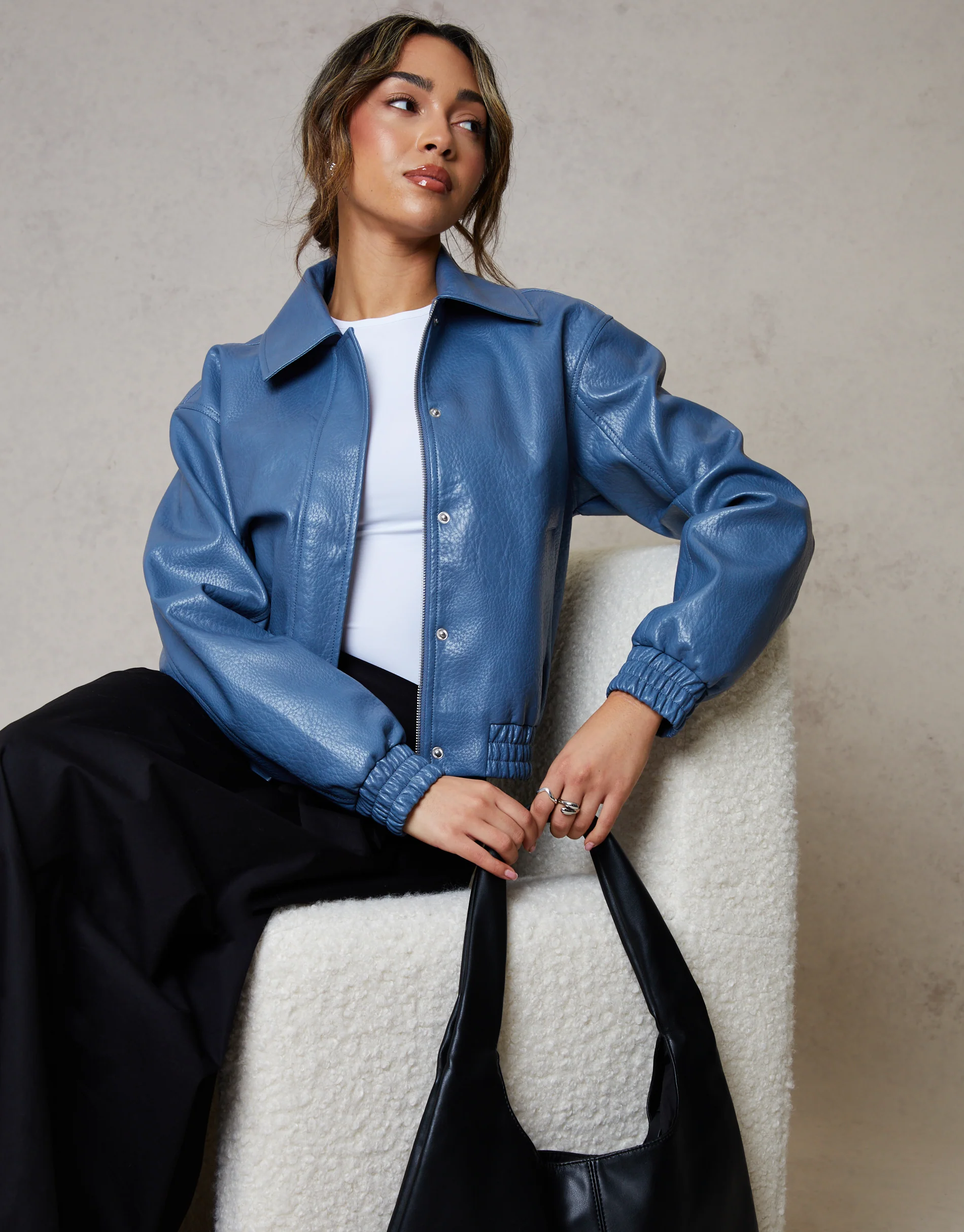 Faux Leather Bomber Jacket with Collar in Blue - Image 5