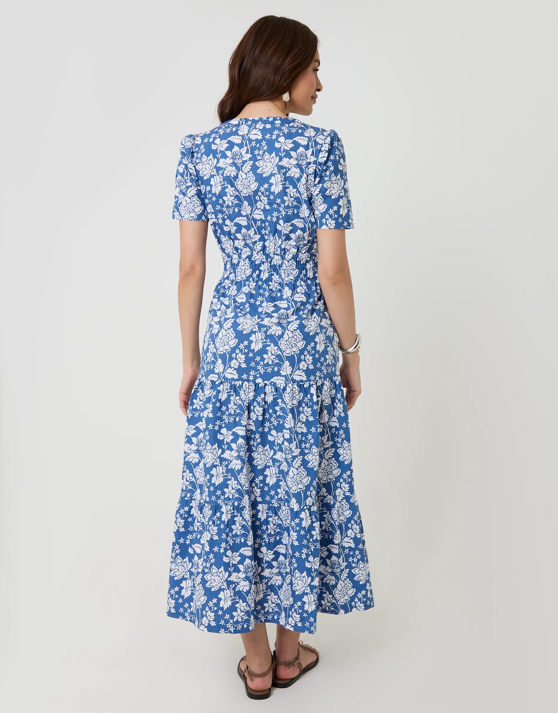 Cotton Poplin Tiered Midaxi Dress in Blue Floral - Image 2