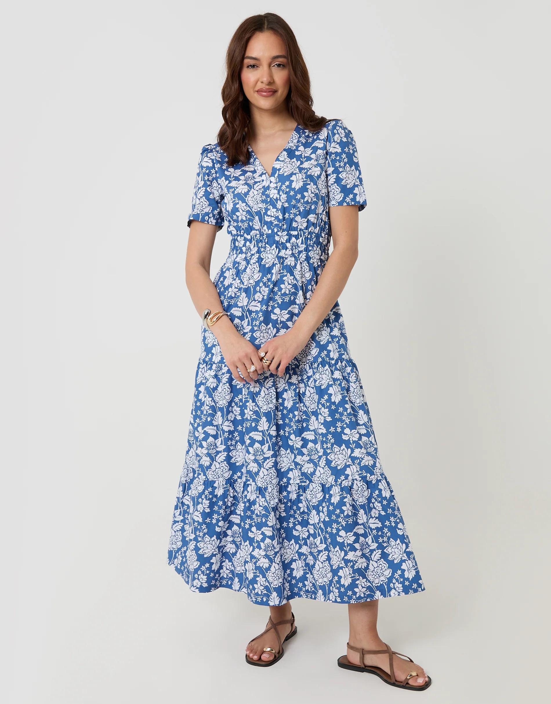 Cotton Poplin Tiered Midaxi Dress in Blue Floral - Image 4