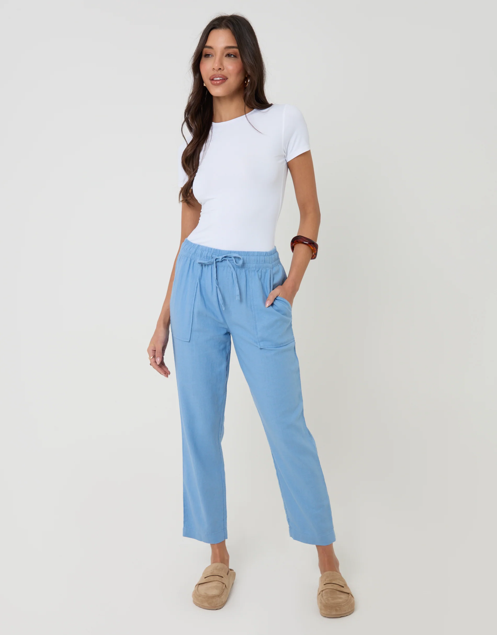 Linen Blend Drawstring Trousers in Blue