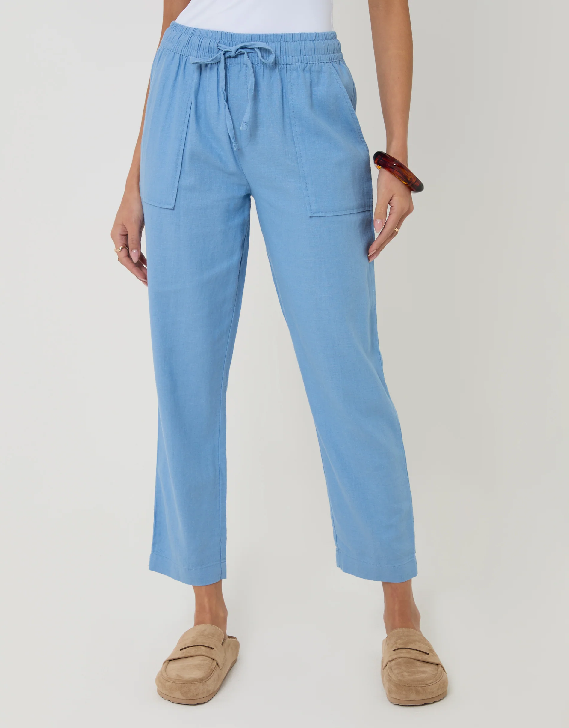 Linen Blend Drawstring Trousers in Blue - Image 2