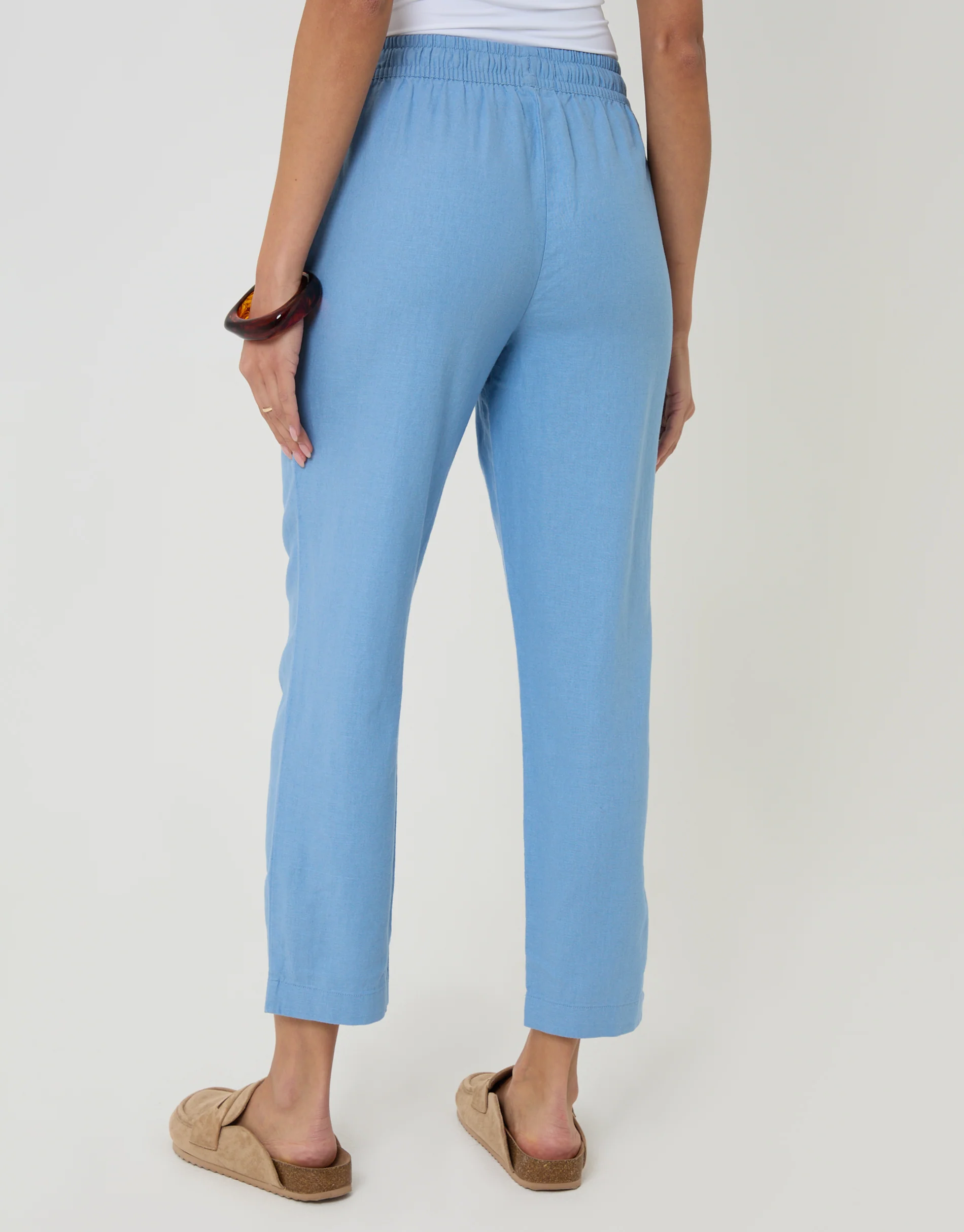 Linen Blend Drawstring Trousers in Blue - Image 3