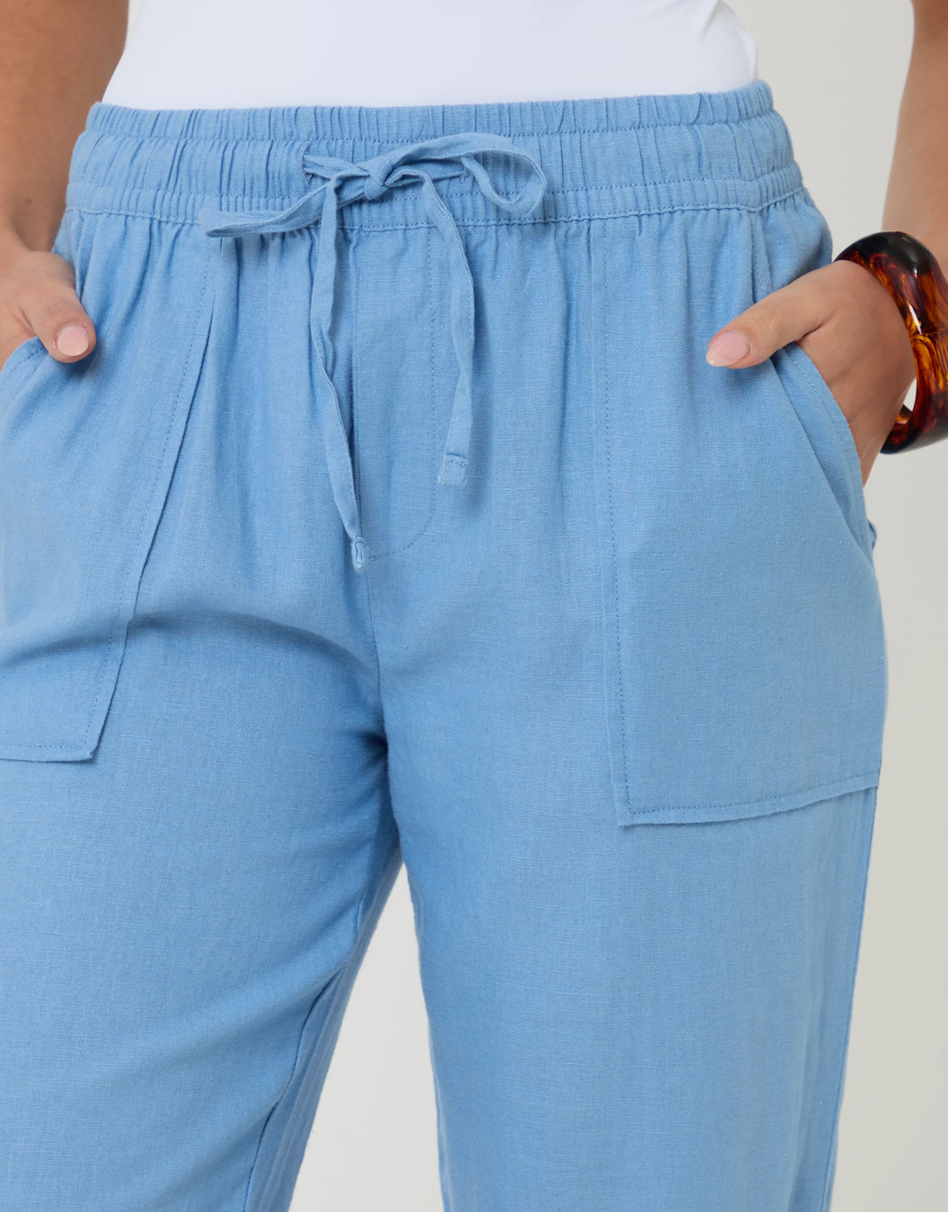 Linen Blend Drawstring Trousers in Blue - Image 4
