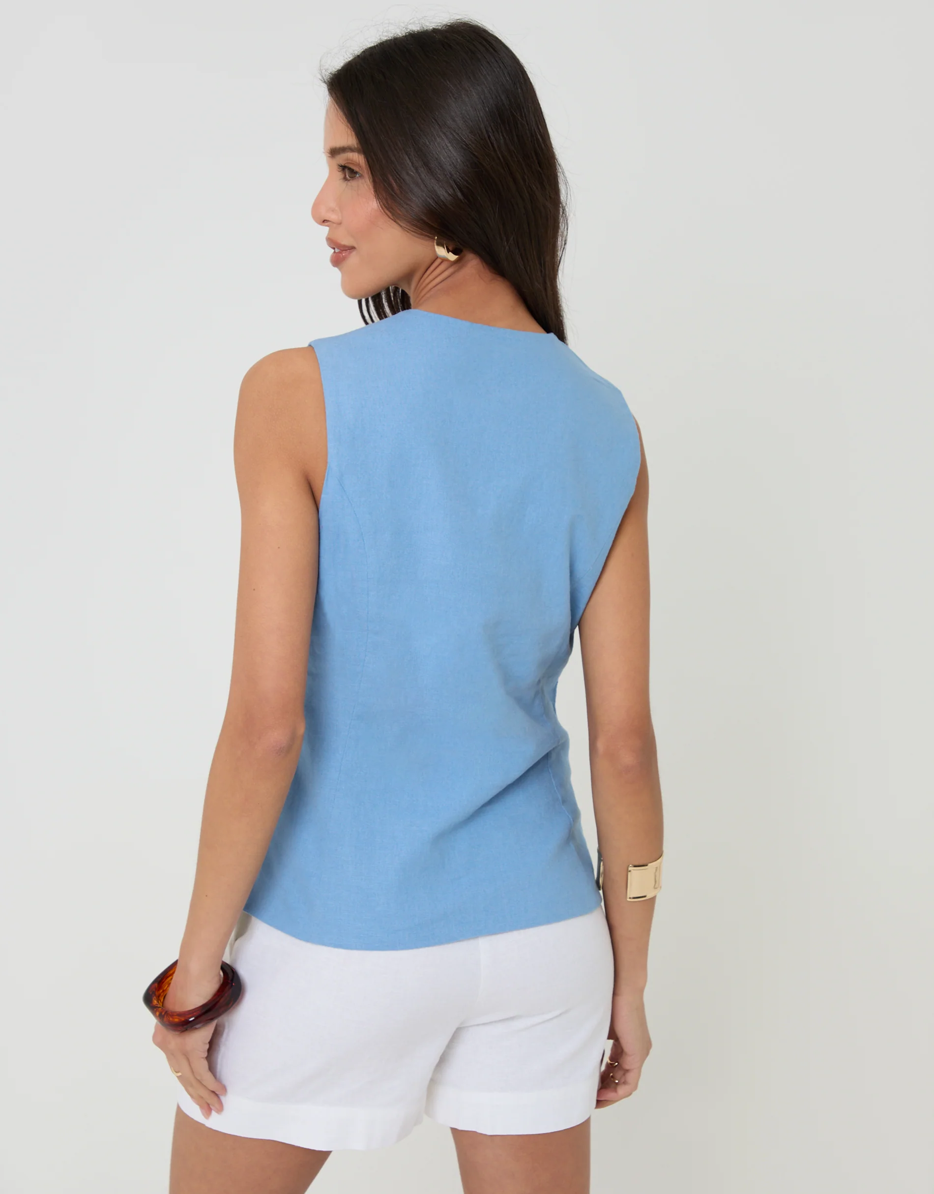 Linen Blend V-Neck Waistcoat in Blue - Image 2