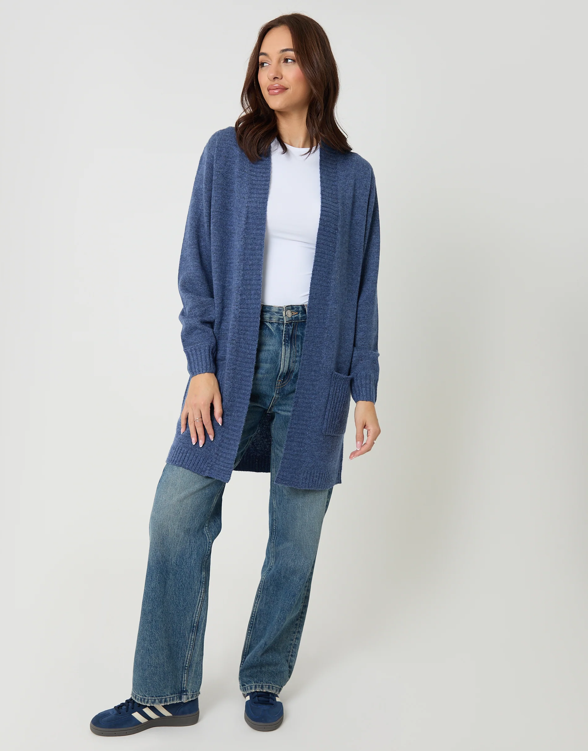 Longline Knitted Open Cardigan in Blue - Image 3