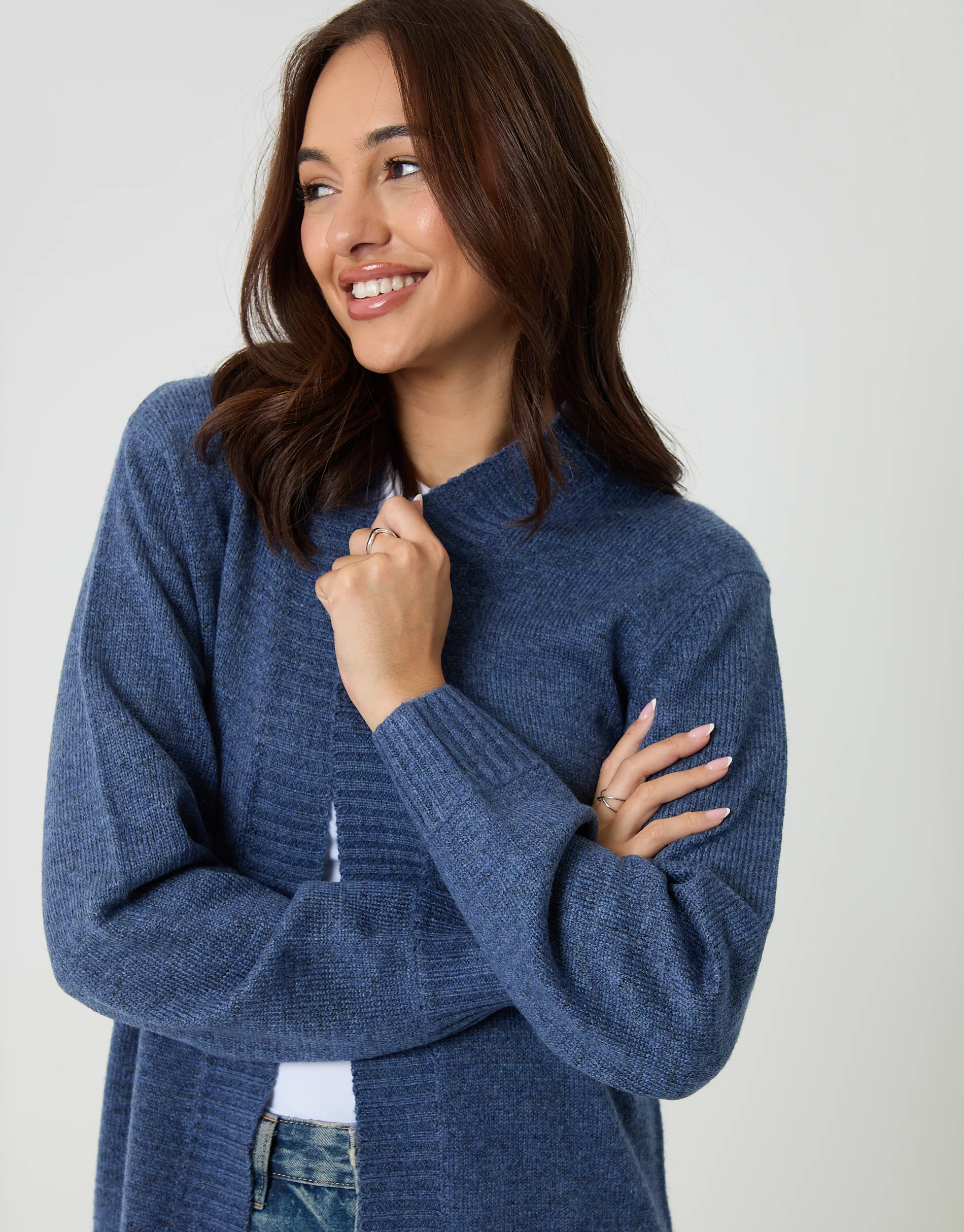Longline Knitted Open Cardigan in Blue - Image 4
