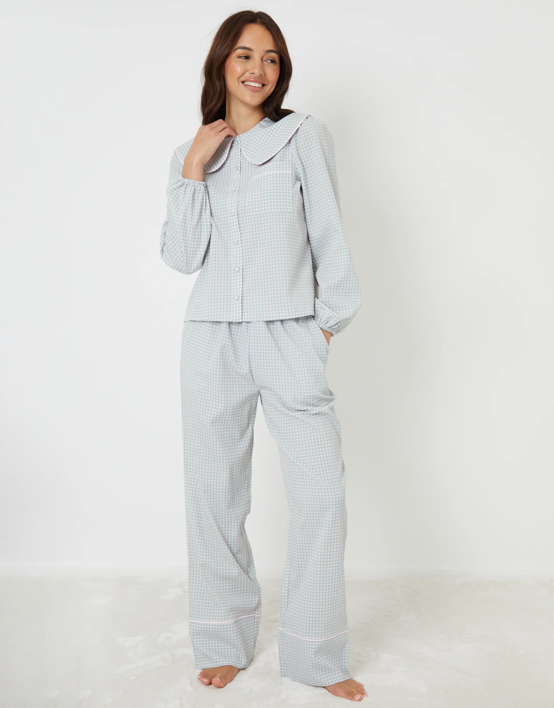 Peter Pan Collar Pyjama Set in Blue Check