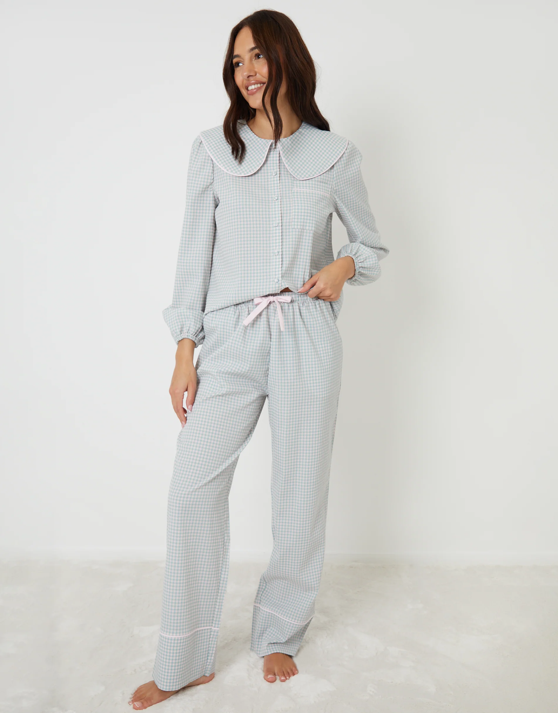 Peter Pan Collar Pyjama Set in Blue Check - Image 3
