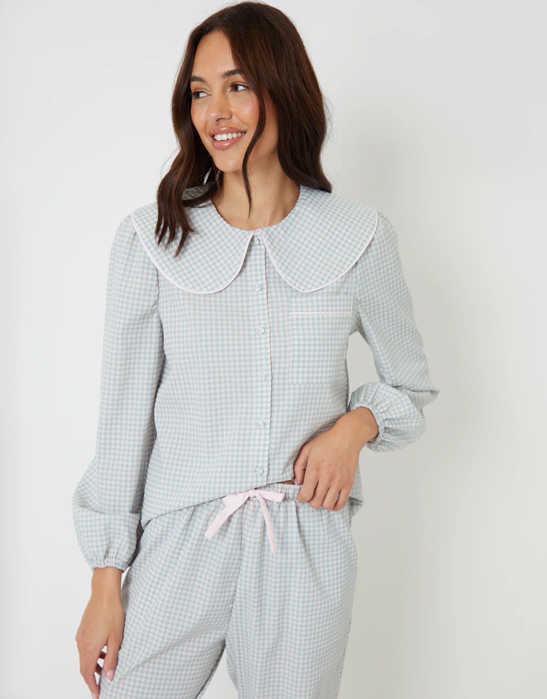 Peter Pan Collar Pyjama Set in Blue Check - Image 4