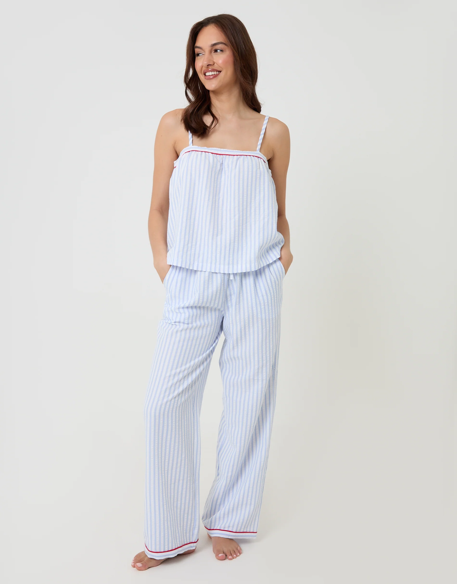 Petite A-Line Cami Seersucker Pyjama Set in Blue Stripe - Image 2