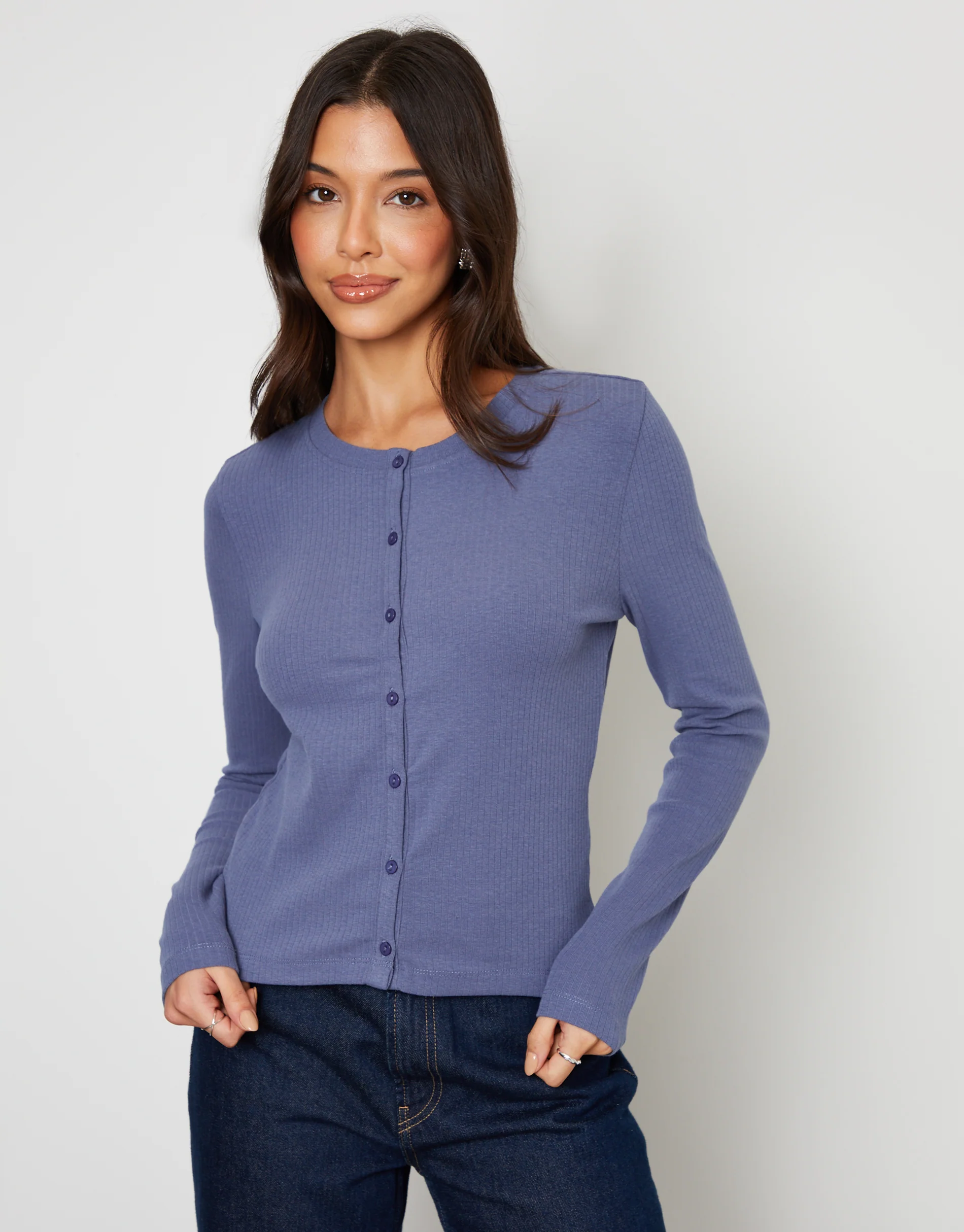 Ribbed Jersey Button Up Cardigan in Blue