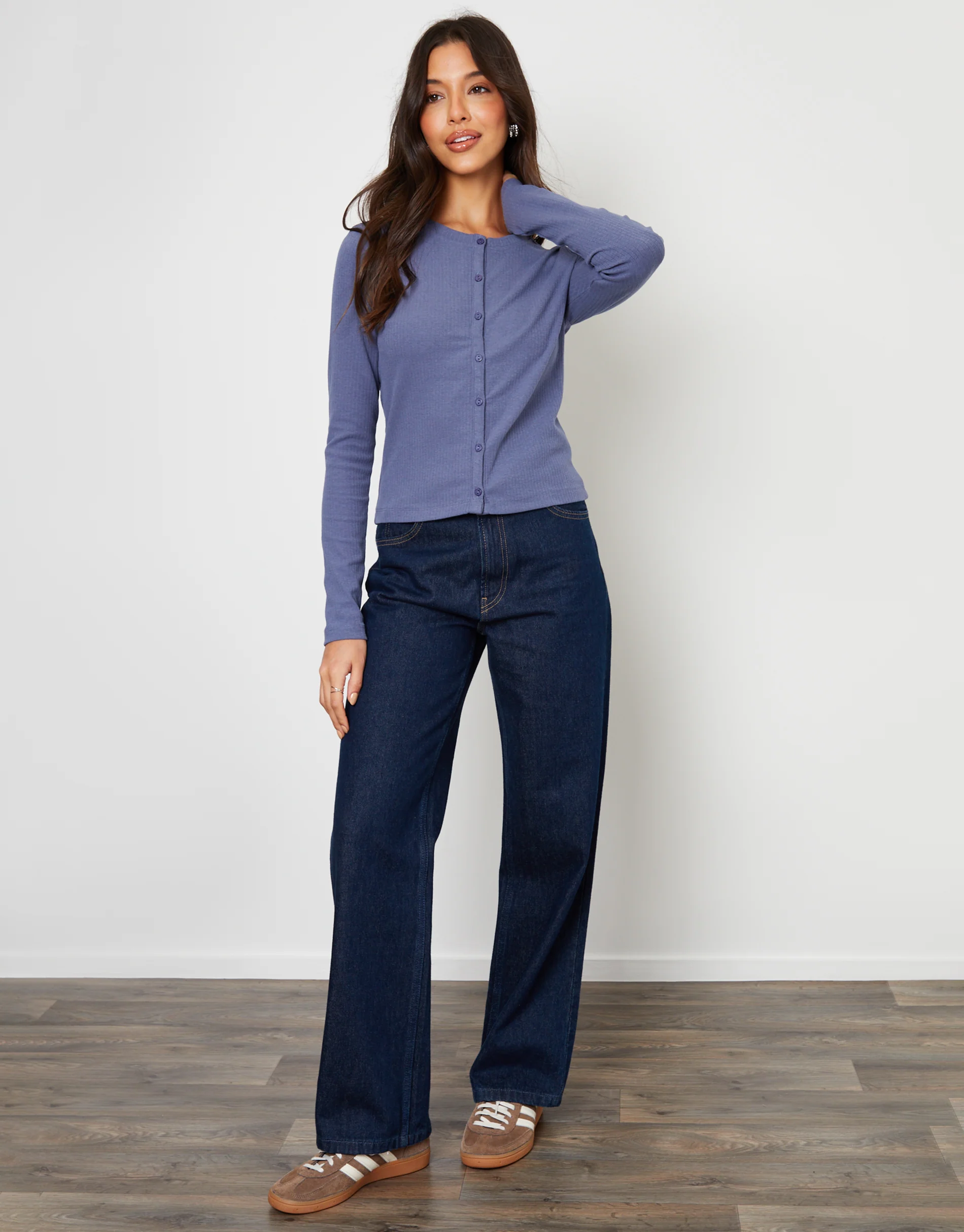 Ribbed Jersey Button Up Cardigan in Blue - Image 3