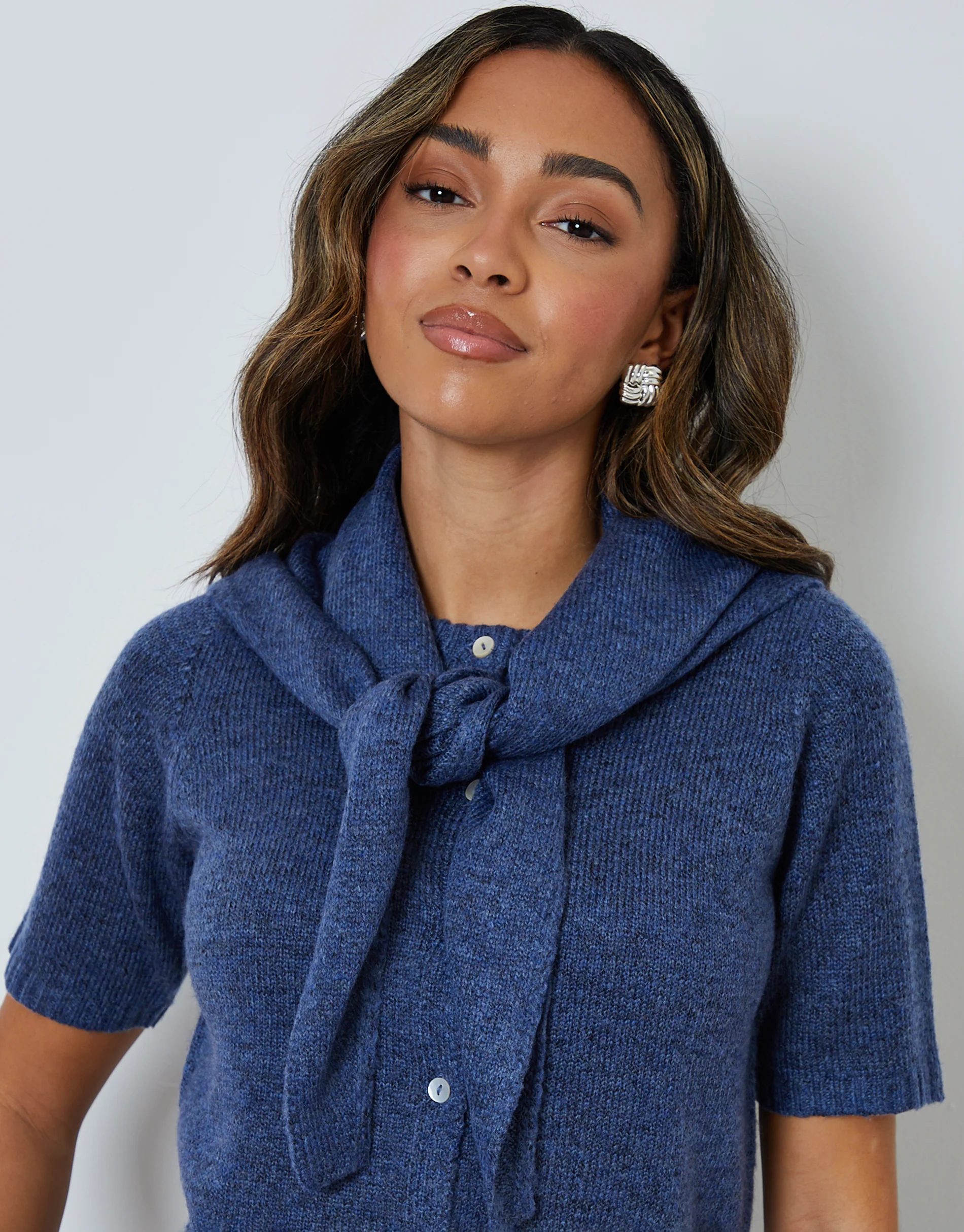 Scarf Neck Short Sleeve Cardigan Set in Blue