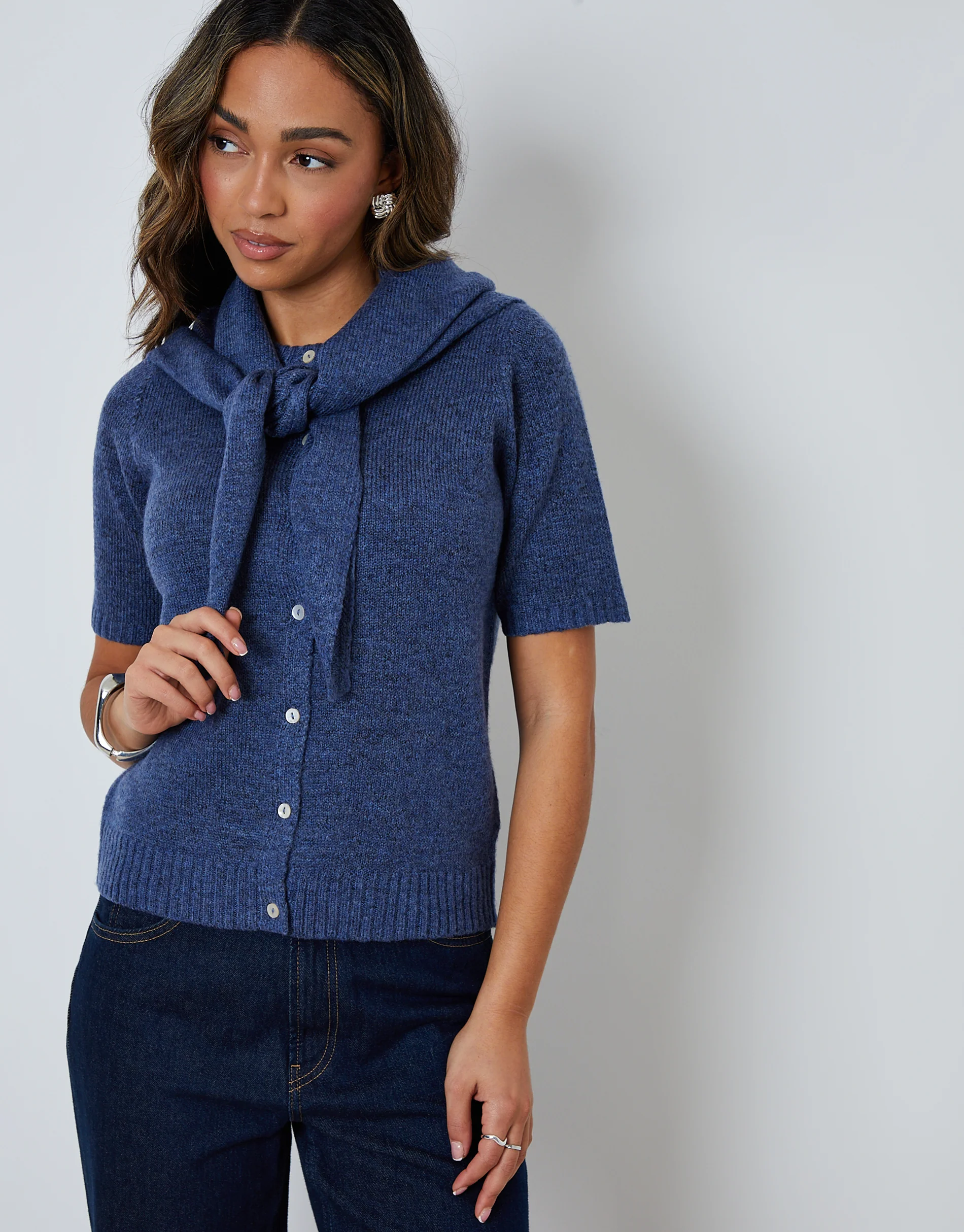 Scarf Neck Short Sleeve Cardigan Set in Blue - Image 2