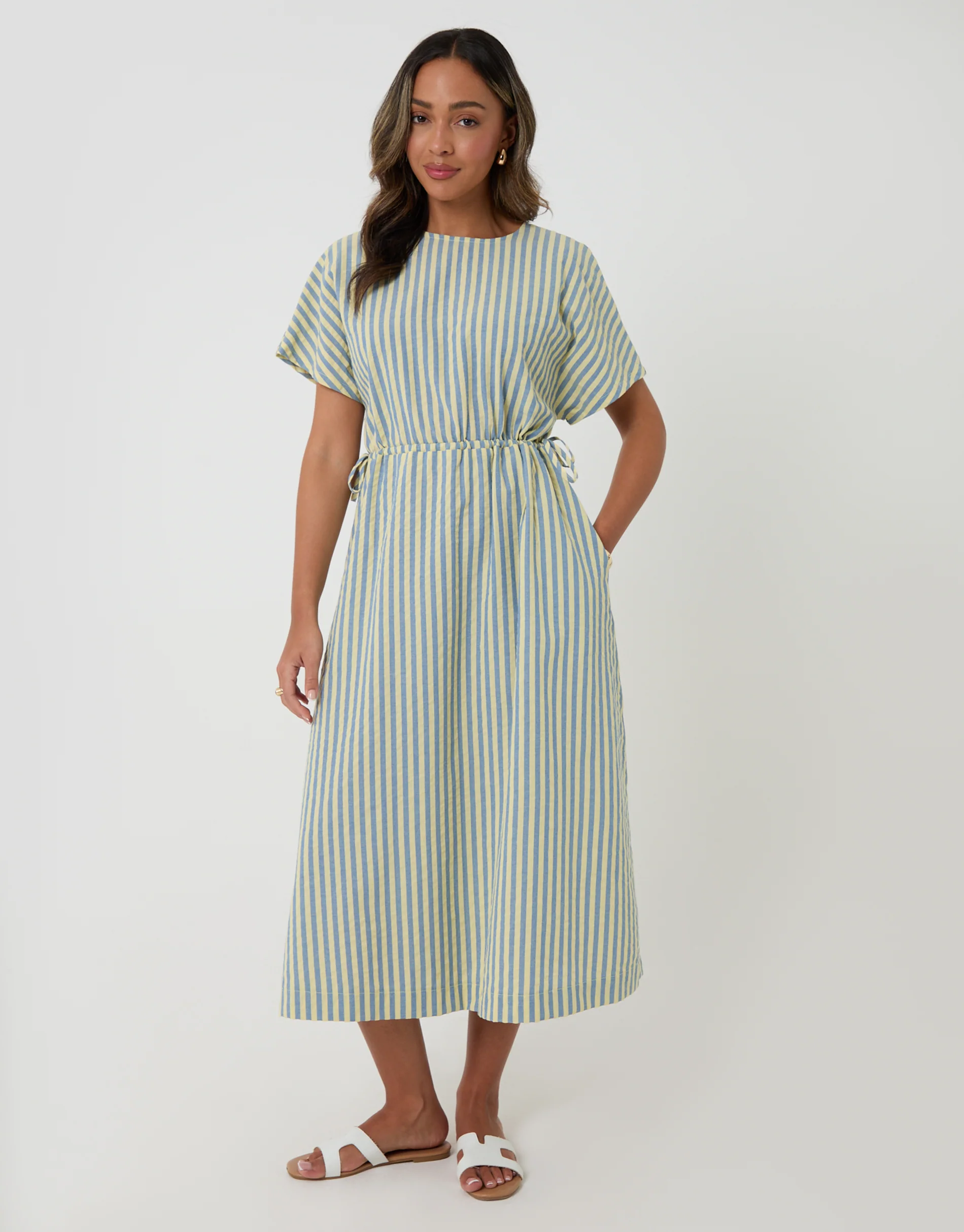 Kimono Sleeve Drawstring Waist Midi Dress in Blue & Yellow Stripe