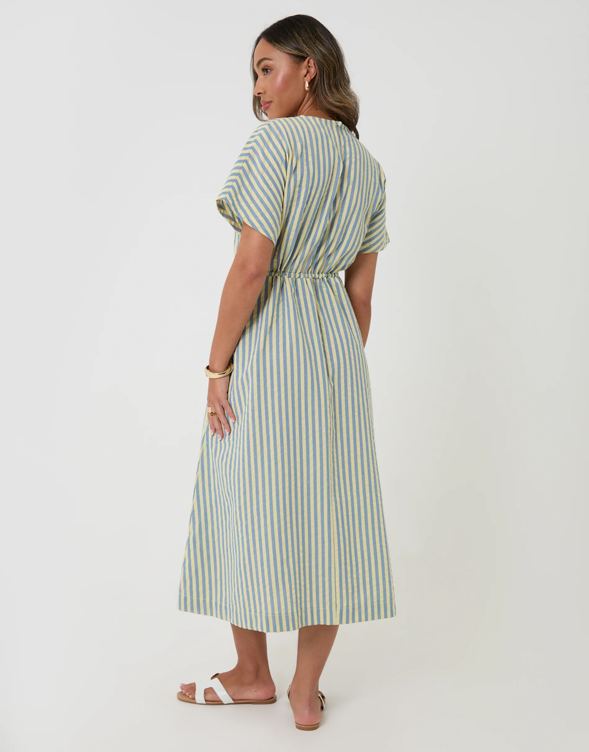 Kimono Sleeve Drawstring Waist Midi Dress in Blue & Yellow Stripe - Image 2