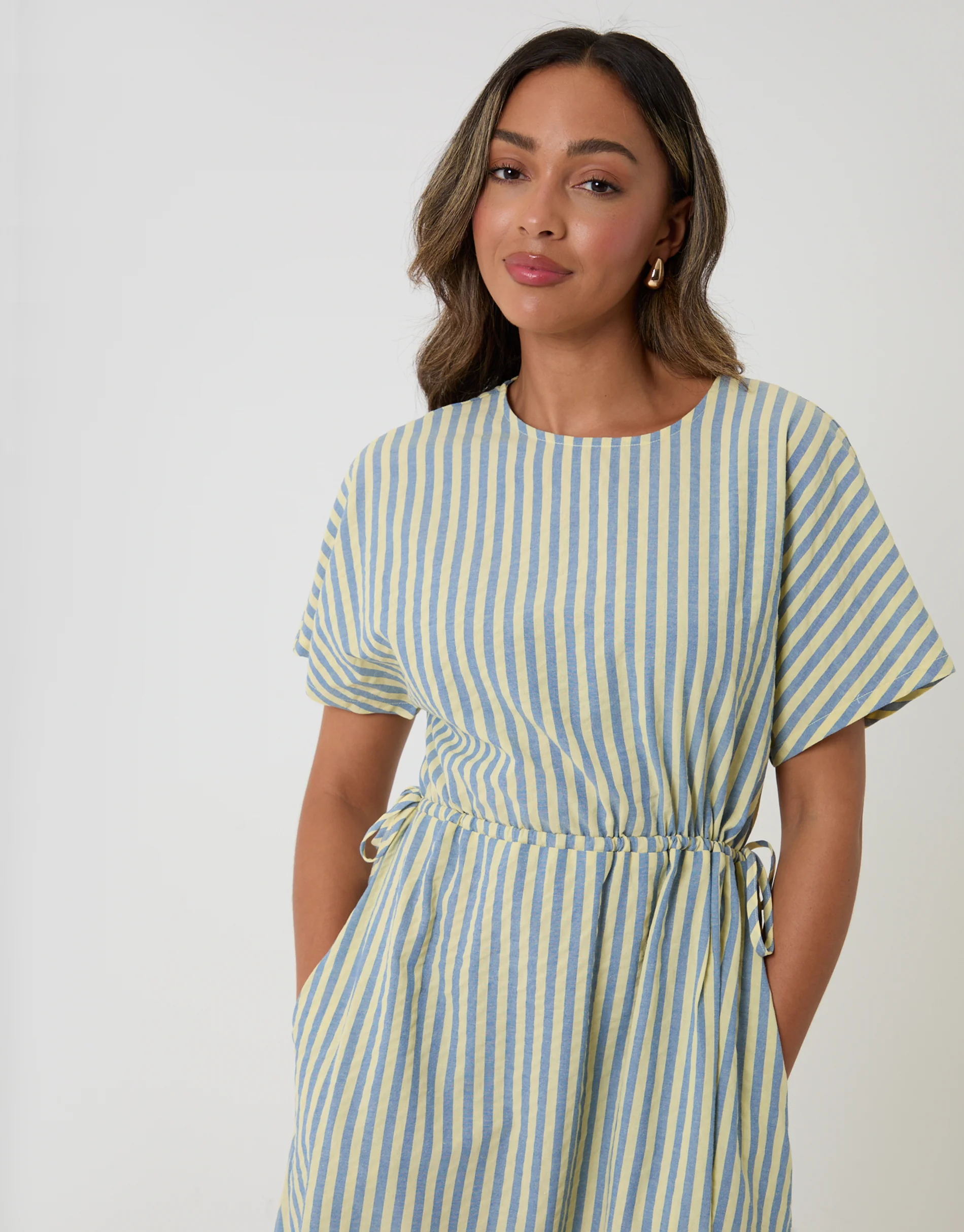 Kimono Sleeve Drawstring Waist Midi Dress in Blue & Yellow Stripe - Image 3