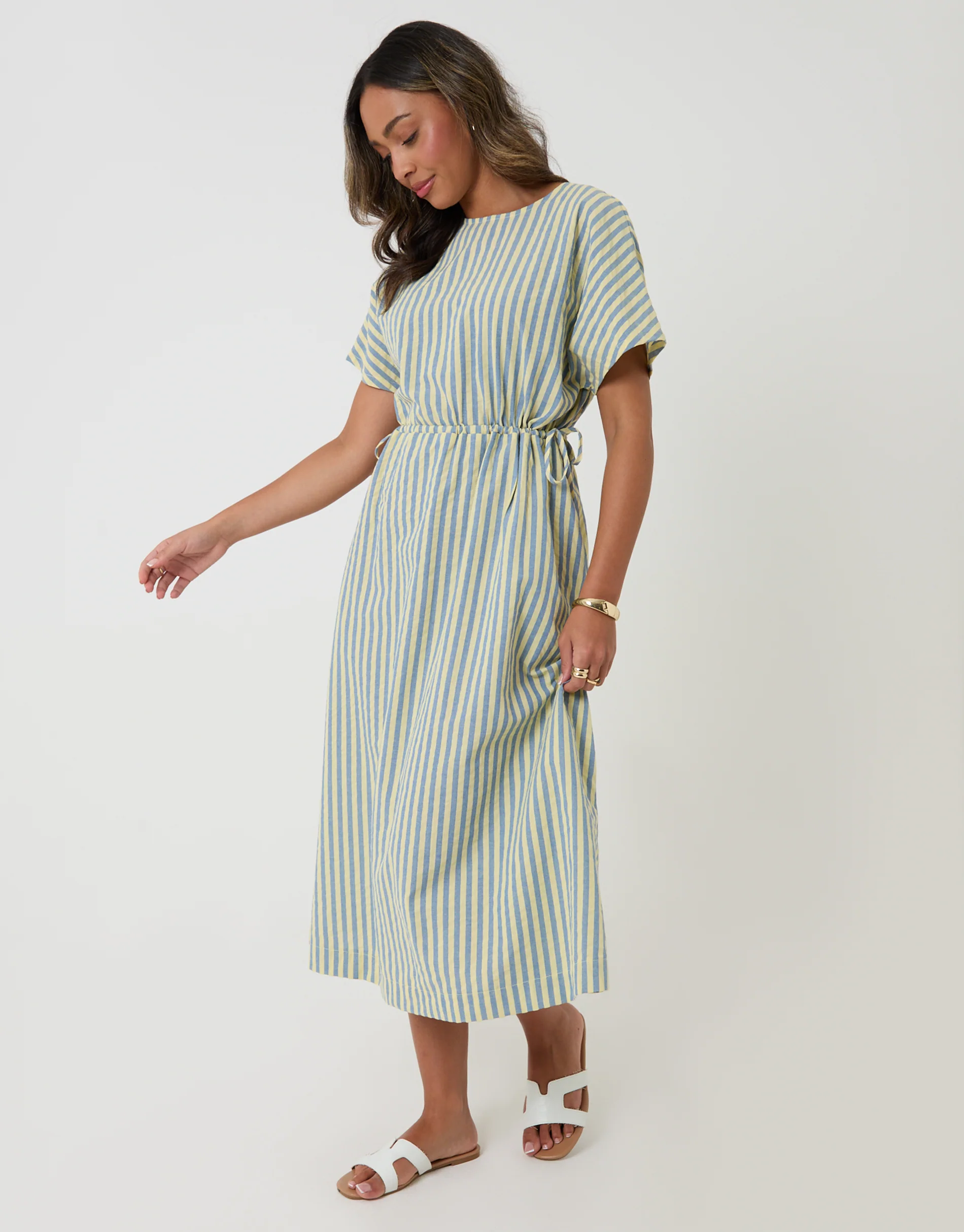 Kimono Sleeve Drawstring Waist Midi Dress in Blue & Yellow Stripe - Image 4