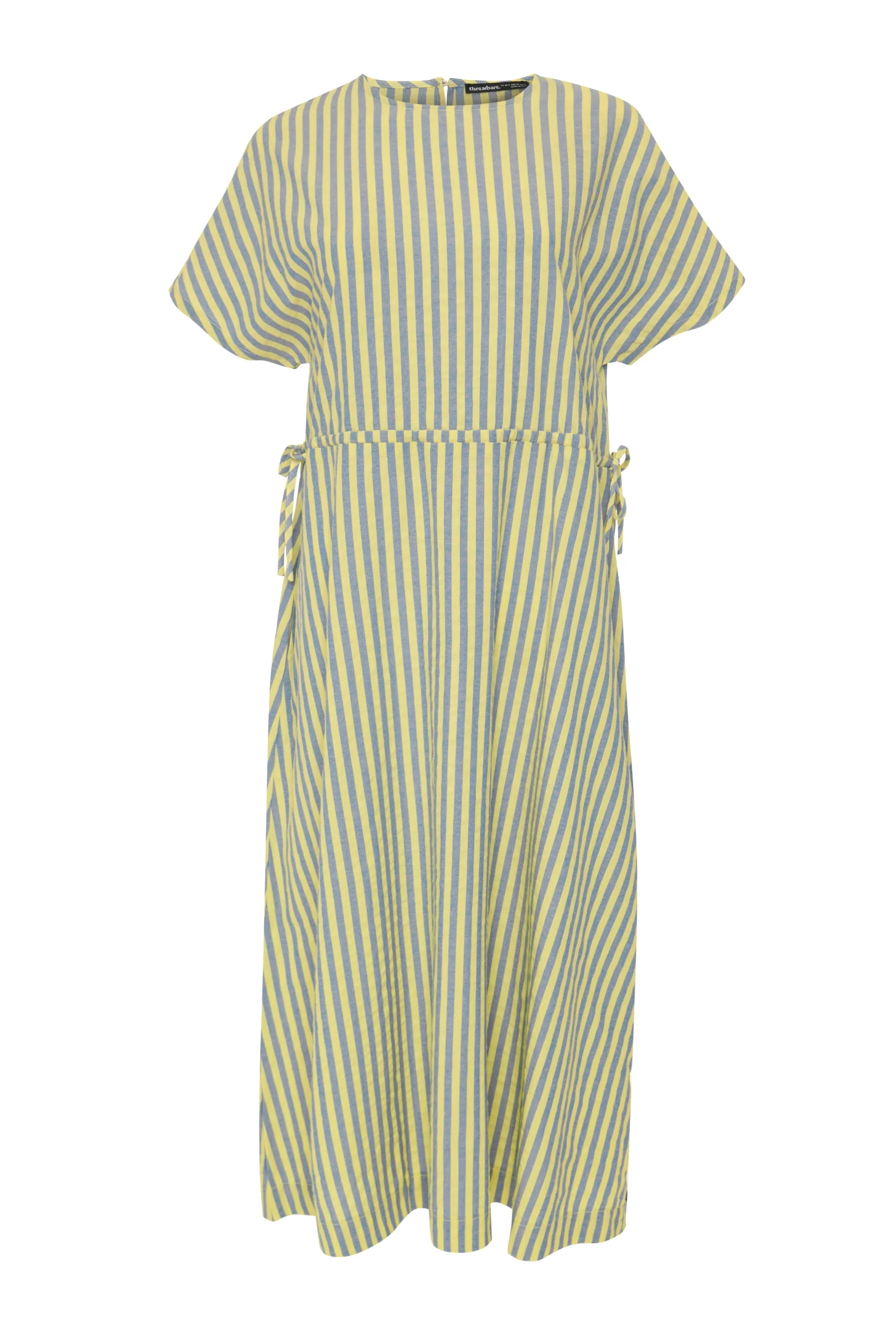 Kimono Sleeve Drawstring Waist Midi Dress in Blue & Yellow Stripe - Image 5