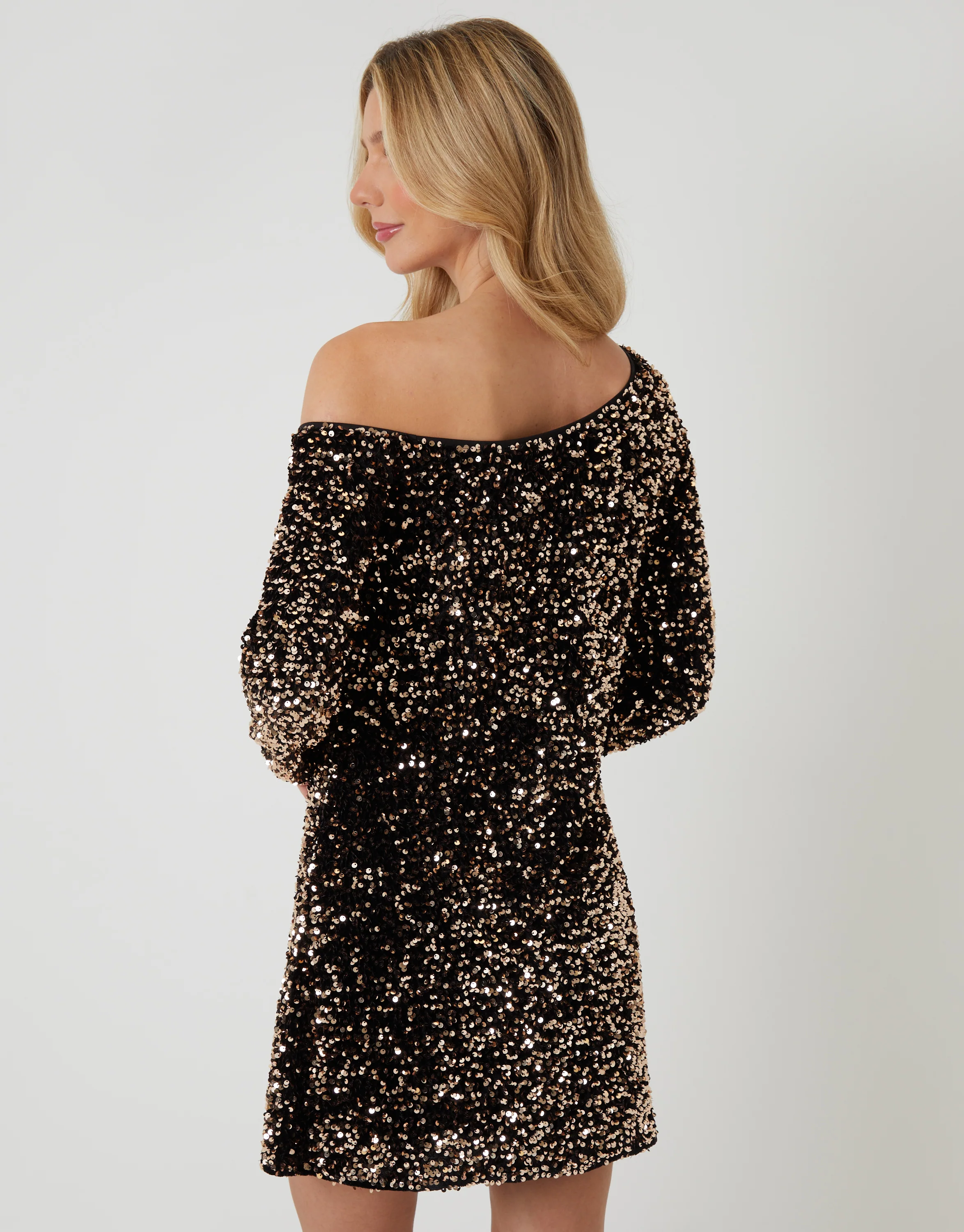 Sequin Velour Slash Neck Mini Dress in Bronze - Image 3