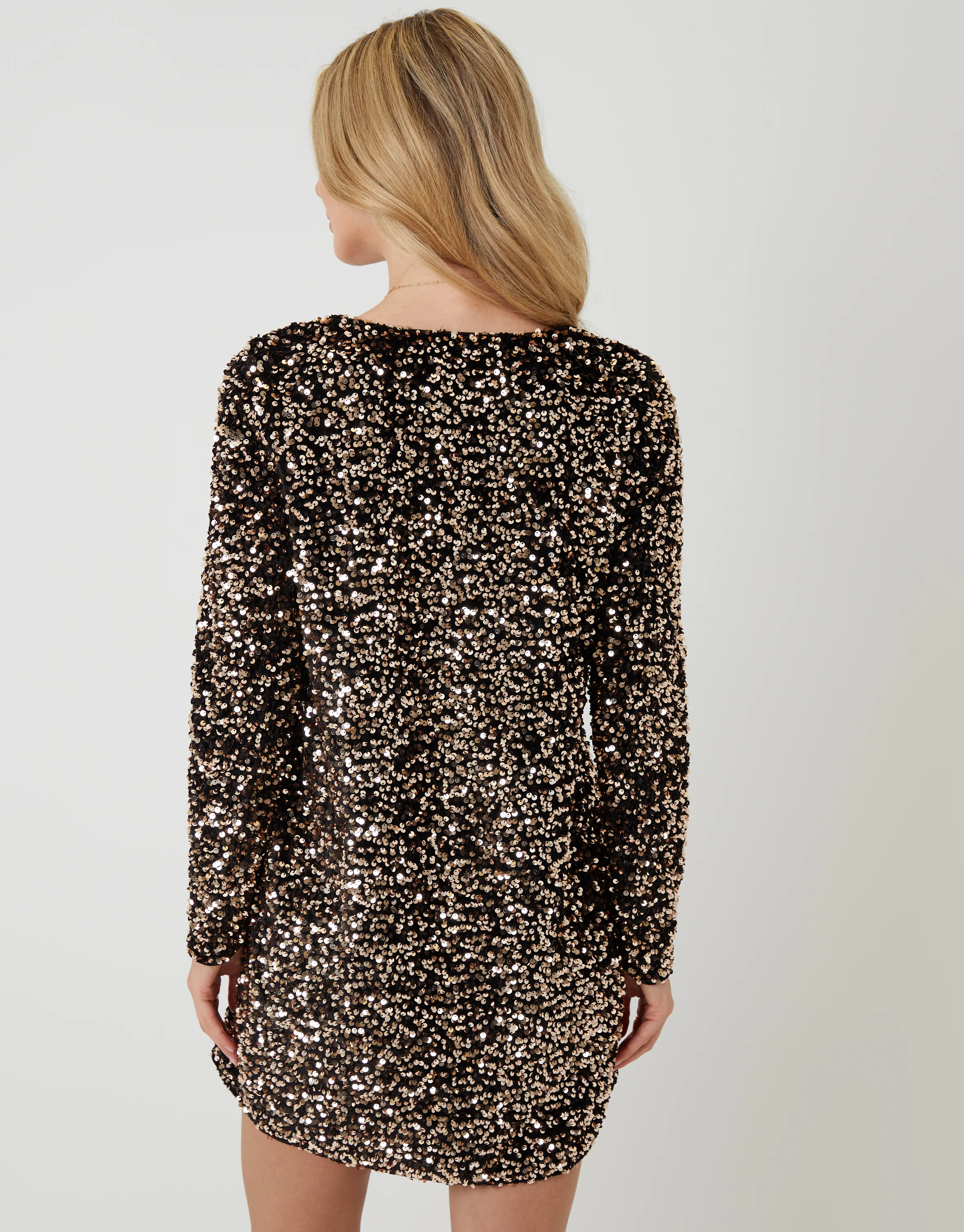 Sequin Velour V Neck Mini Dress in Bronze - Image 3