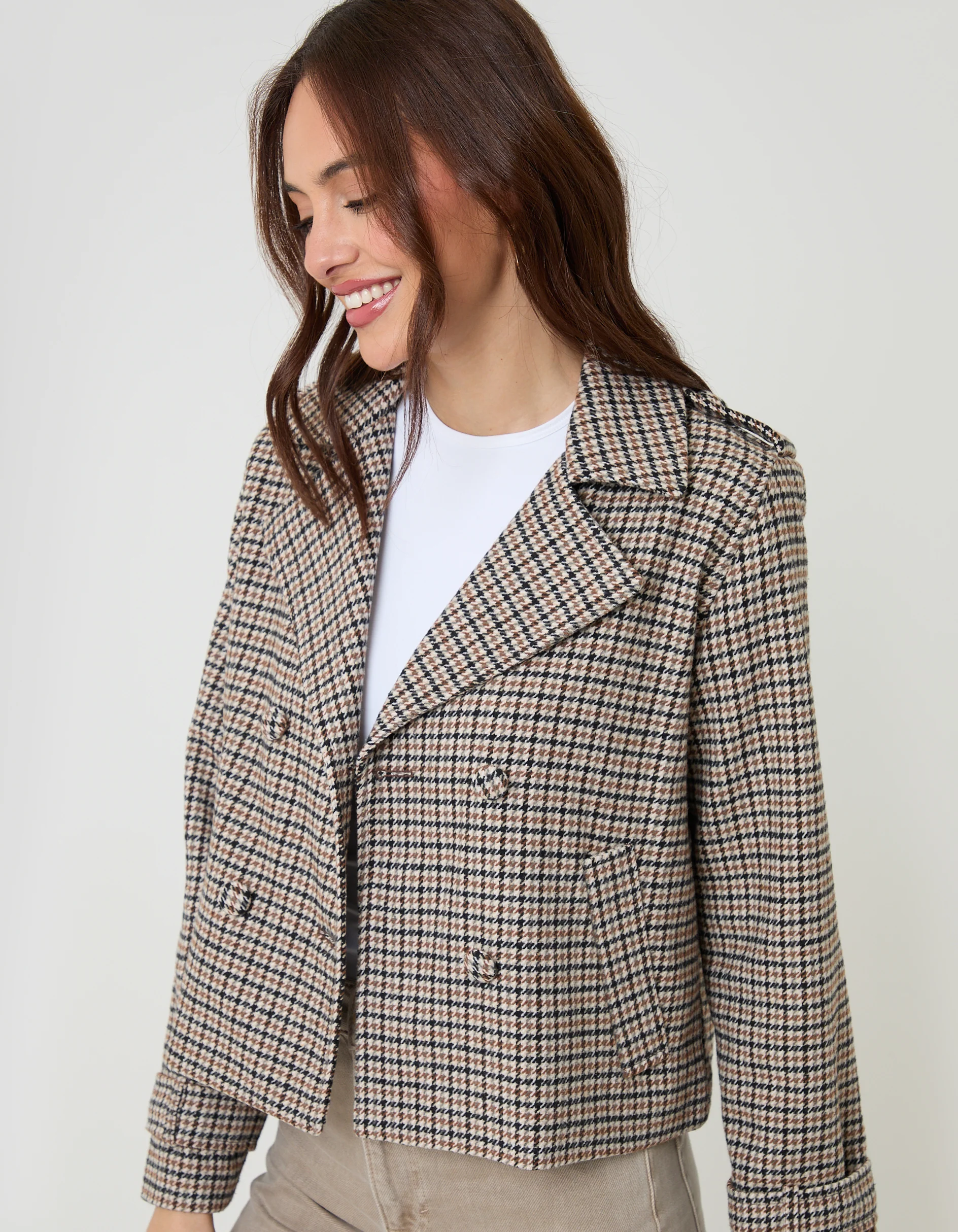 Faux Wool Cropped Jacket in Brown Check