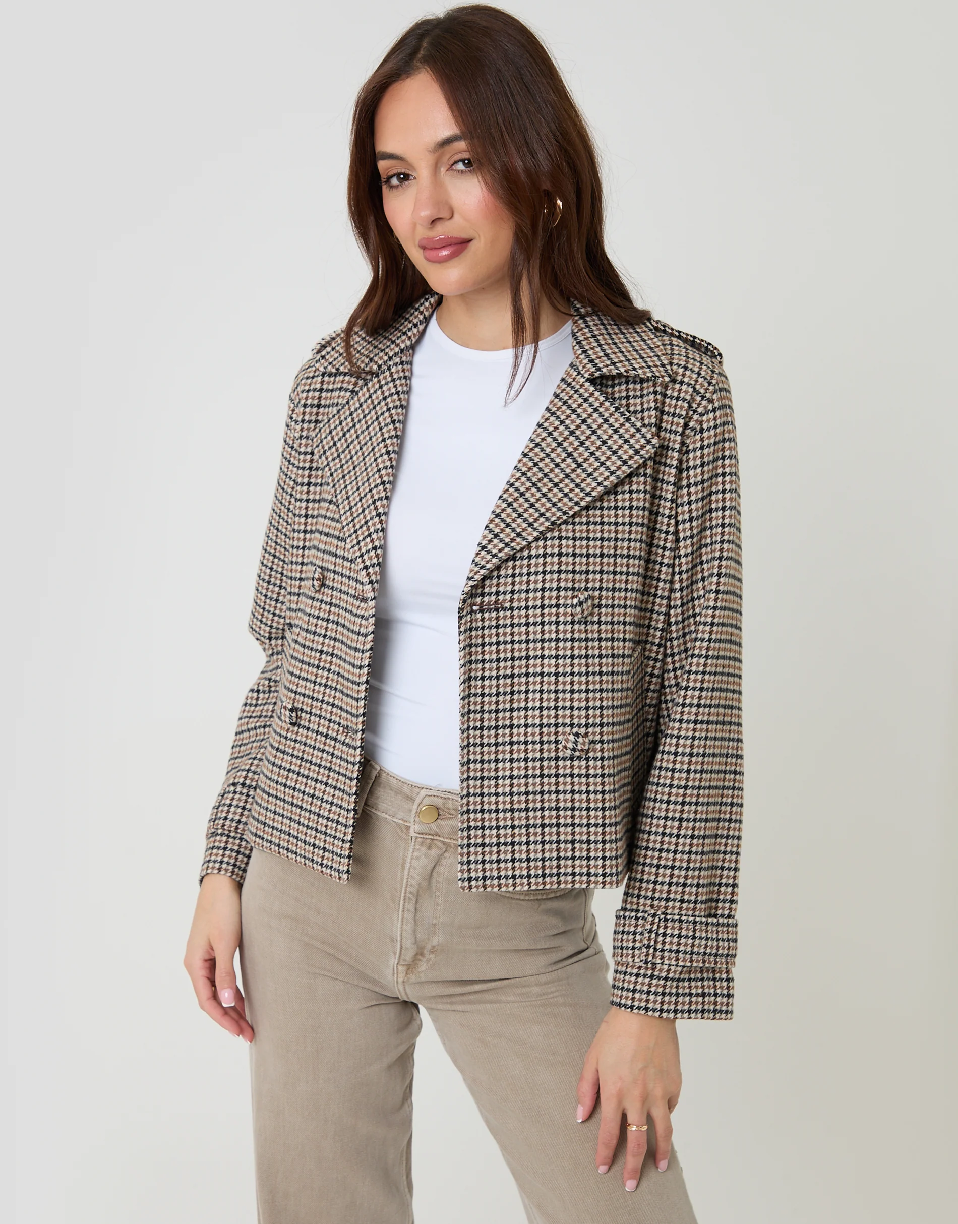 Faux Wool Cropped Jacket in Brown Check - Image 4