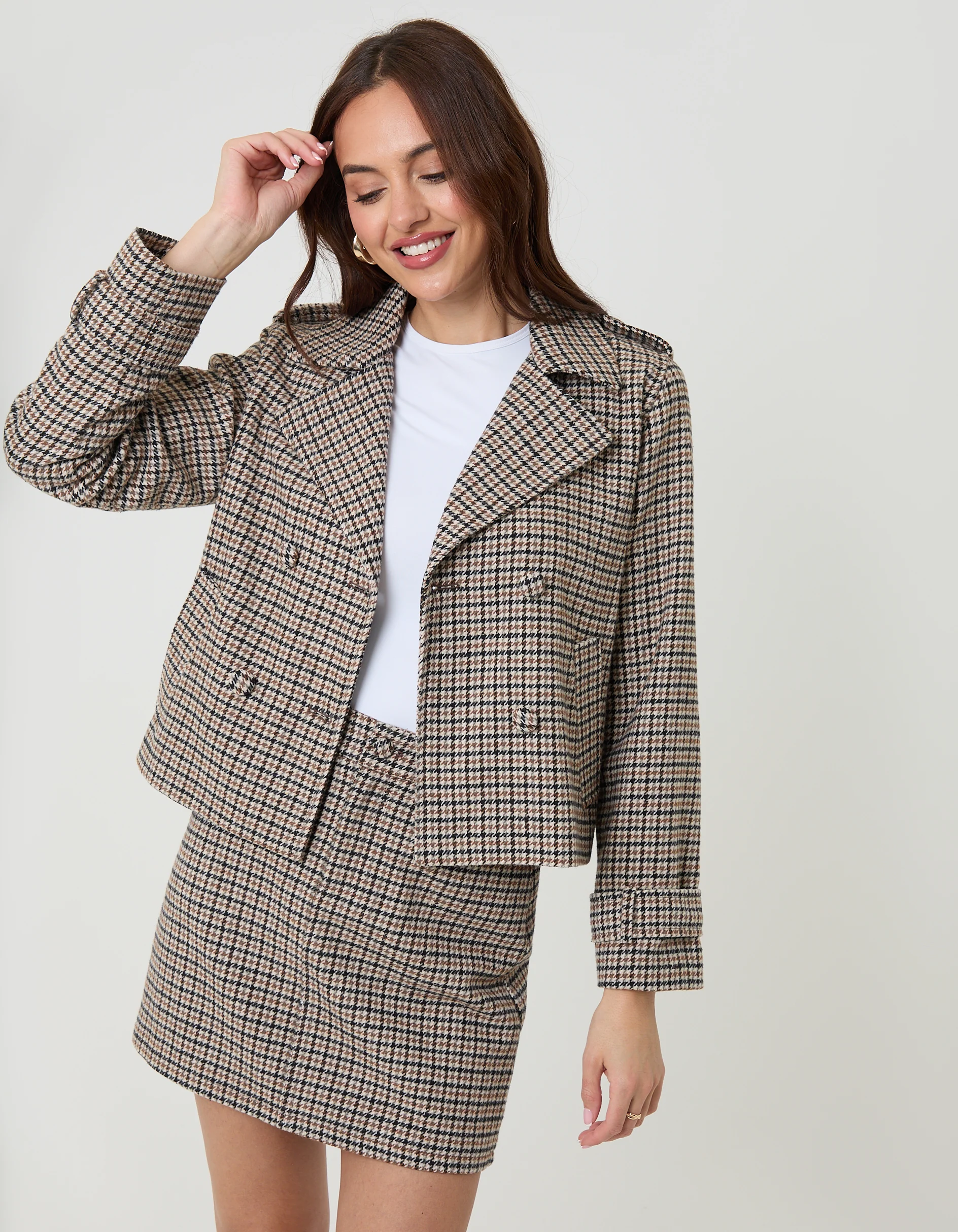 Faux Wool Cropped Jacket in Brown Check - Image 5