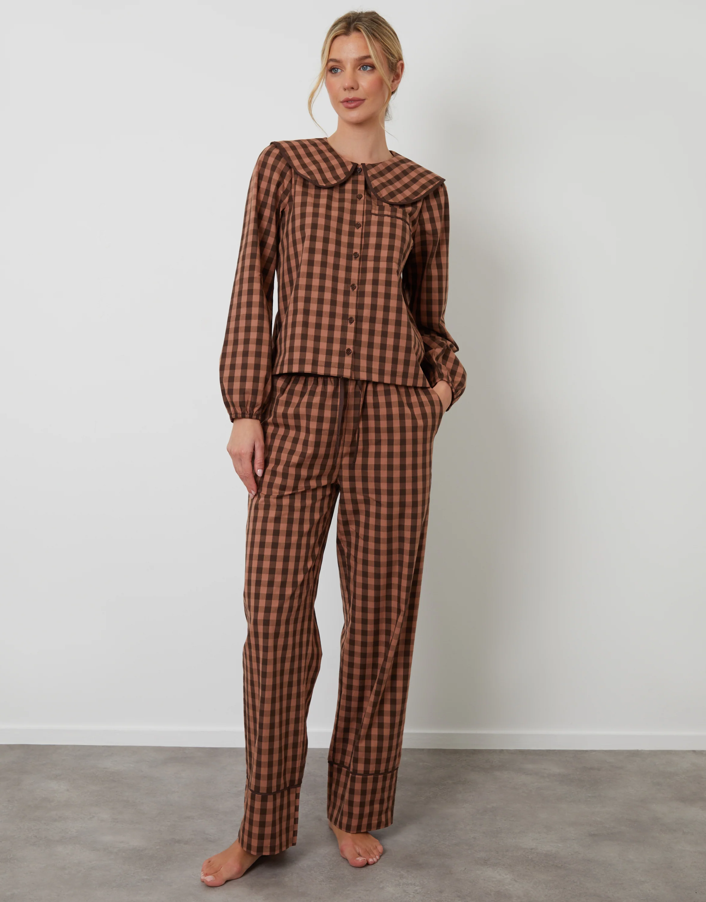 Peter Pan Collar Long Pyjama Set in Brown Check - Image 2