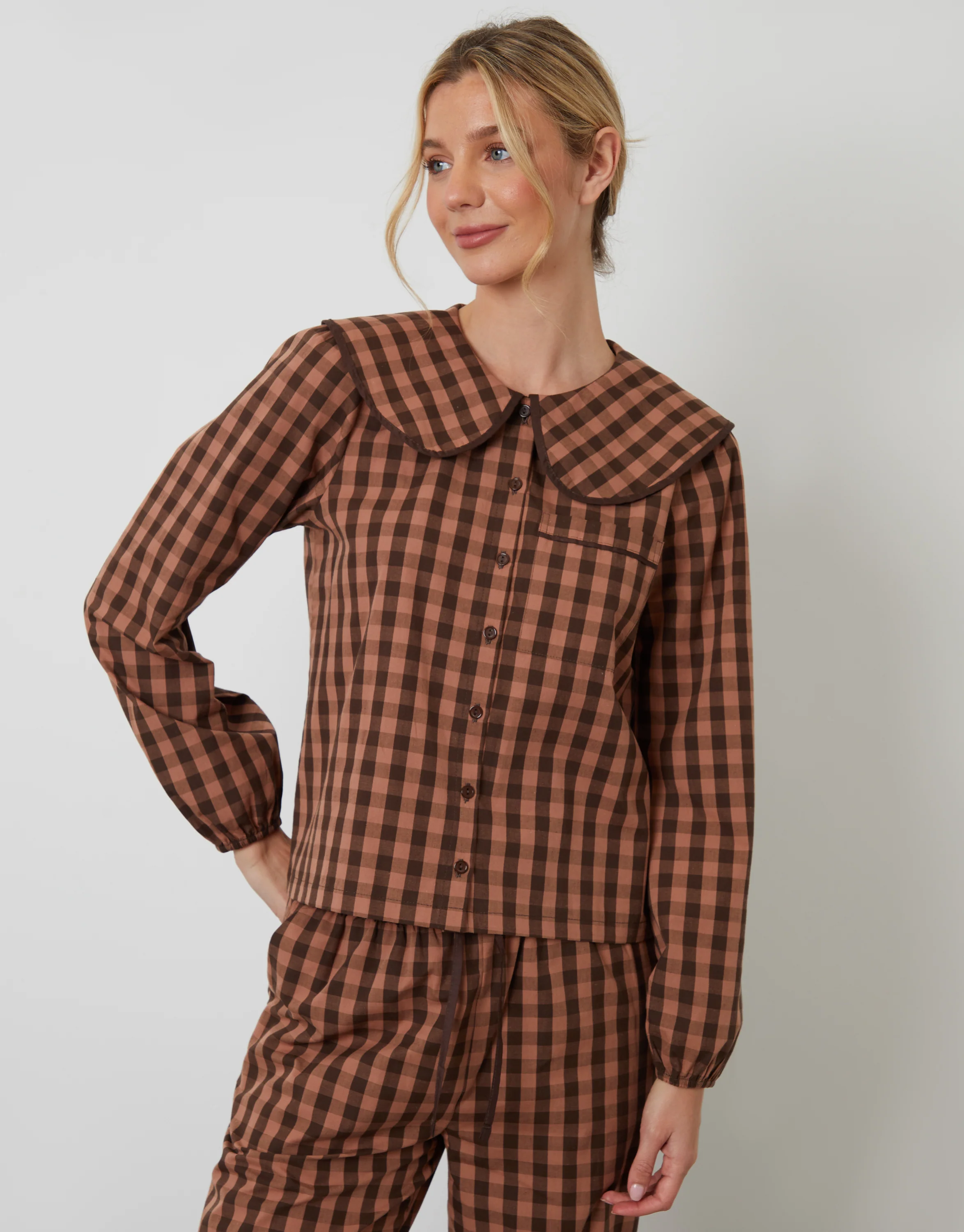 Peter Pan Collar Long Pyjama Set in Brown Check - Image 5