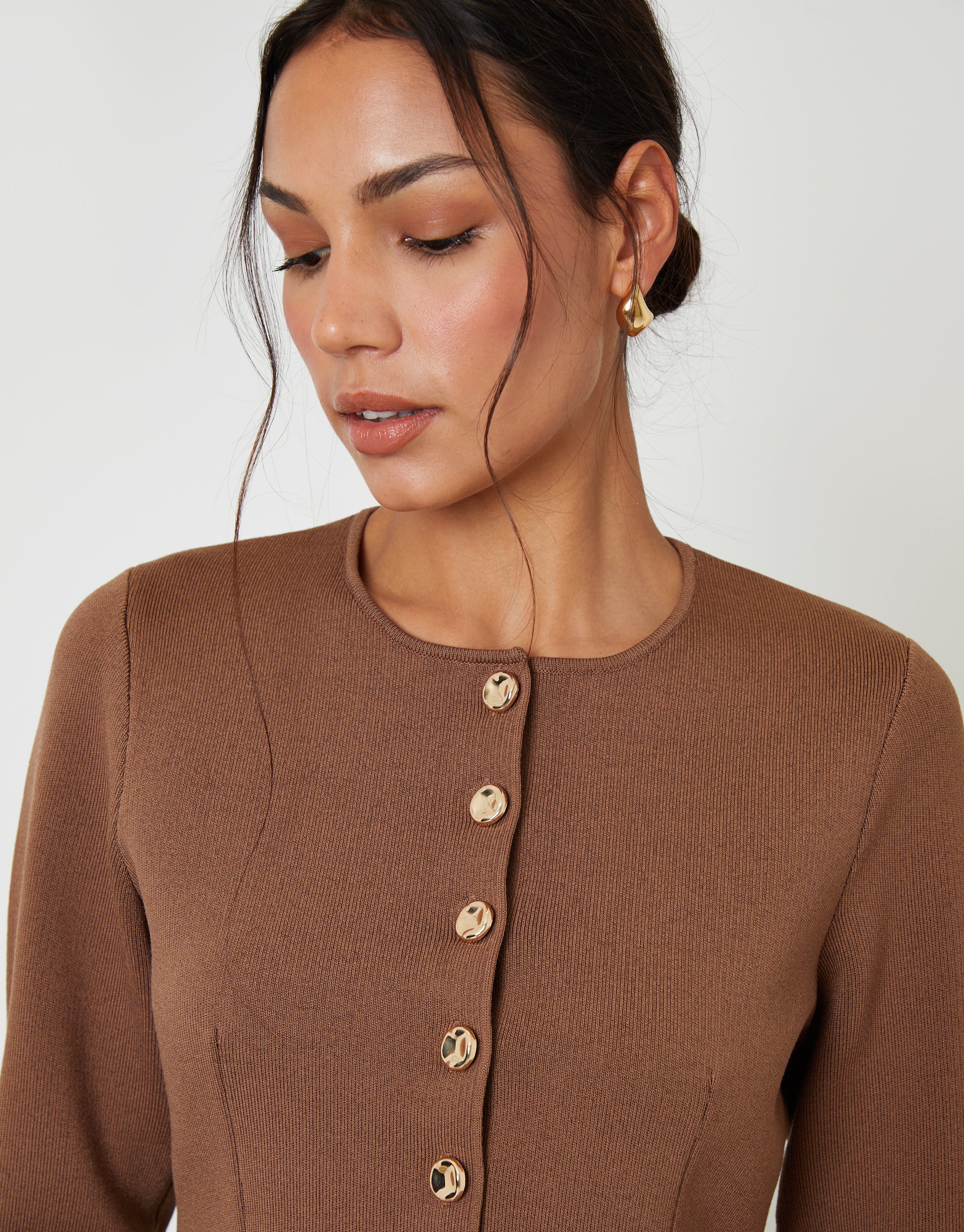 Cinched Knitted Button Up Cardigan in Brown - Image 2