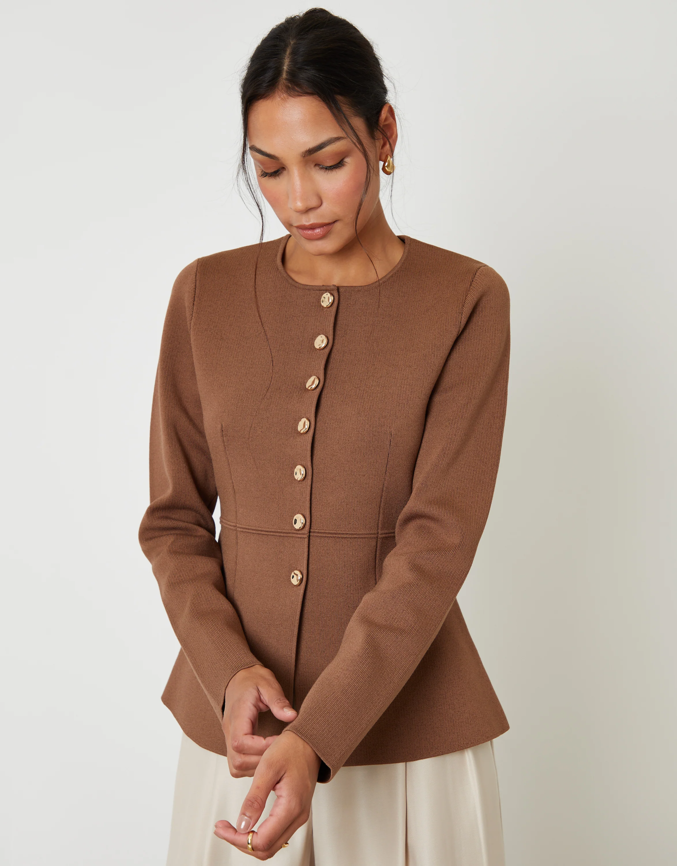 Cinched Knitted Button Up Cardigan in Brown - Image 4