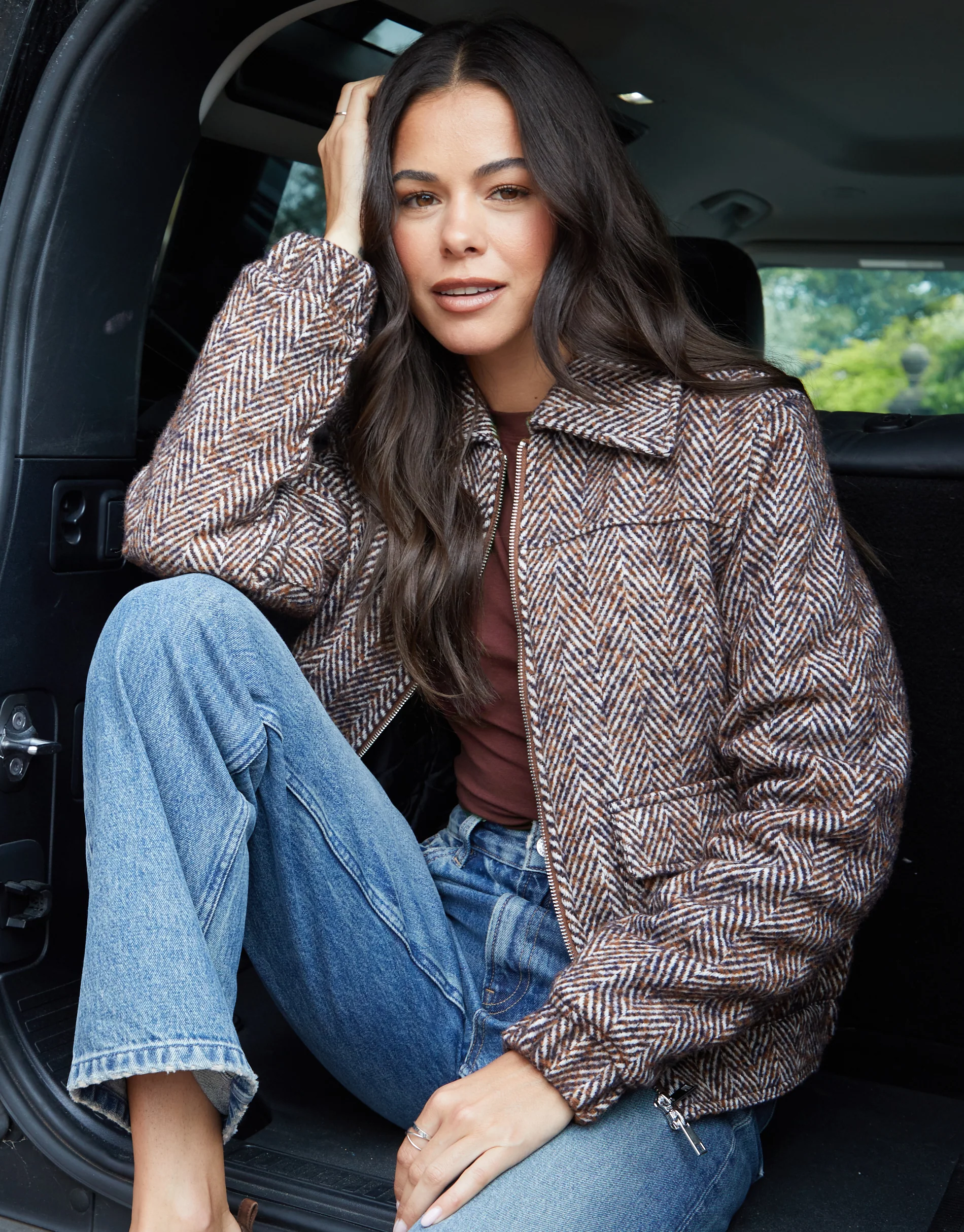Herringbone Faux Wool Jacket in Brown Check