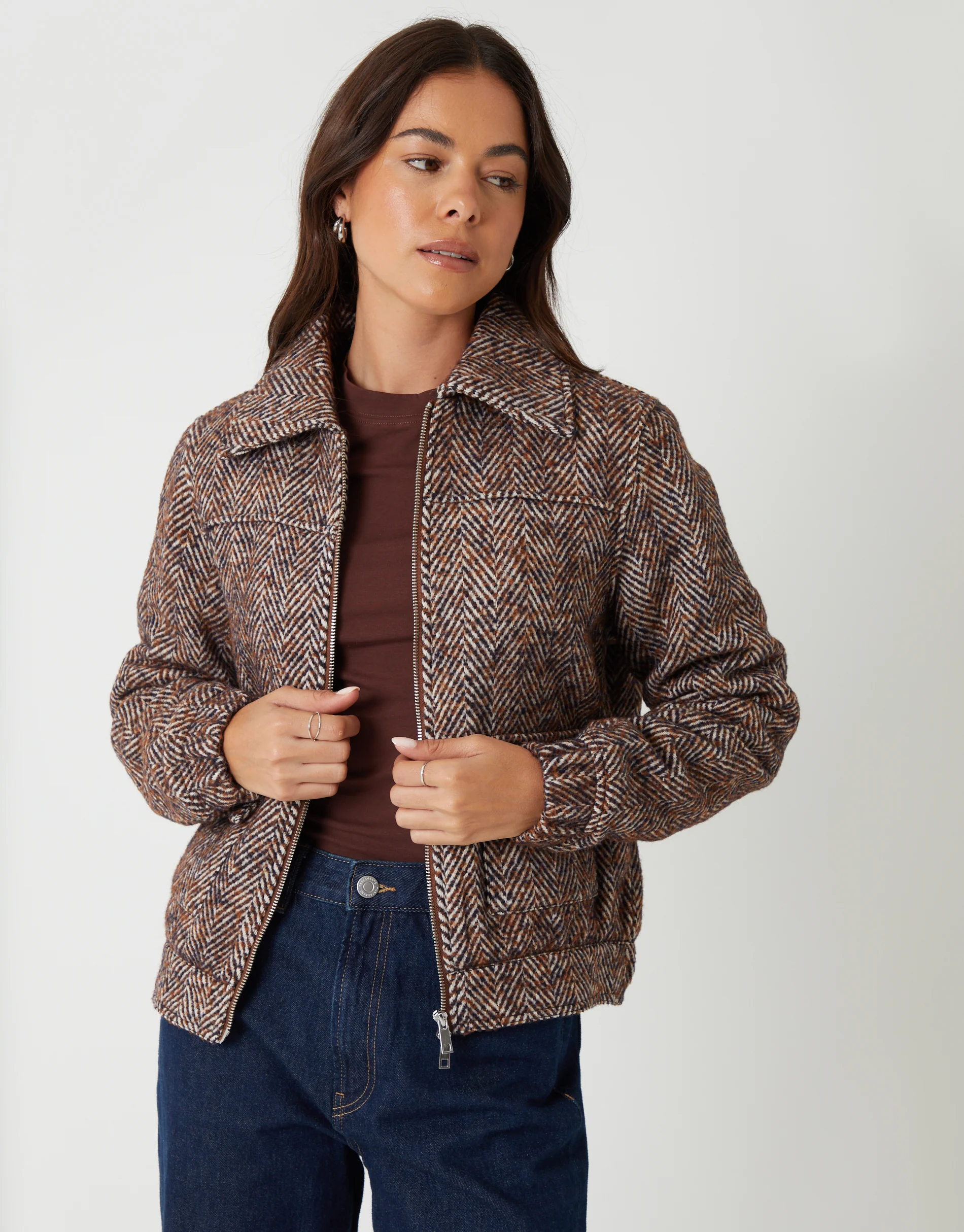 Herringbone Faux Wool Jacket in Brown Check - Image 2